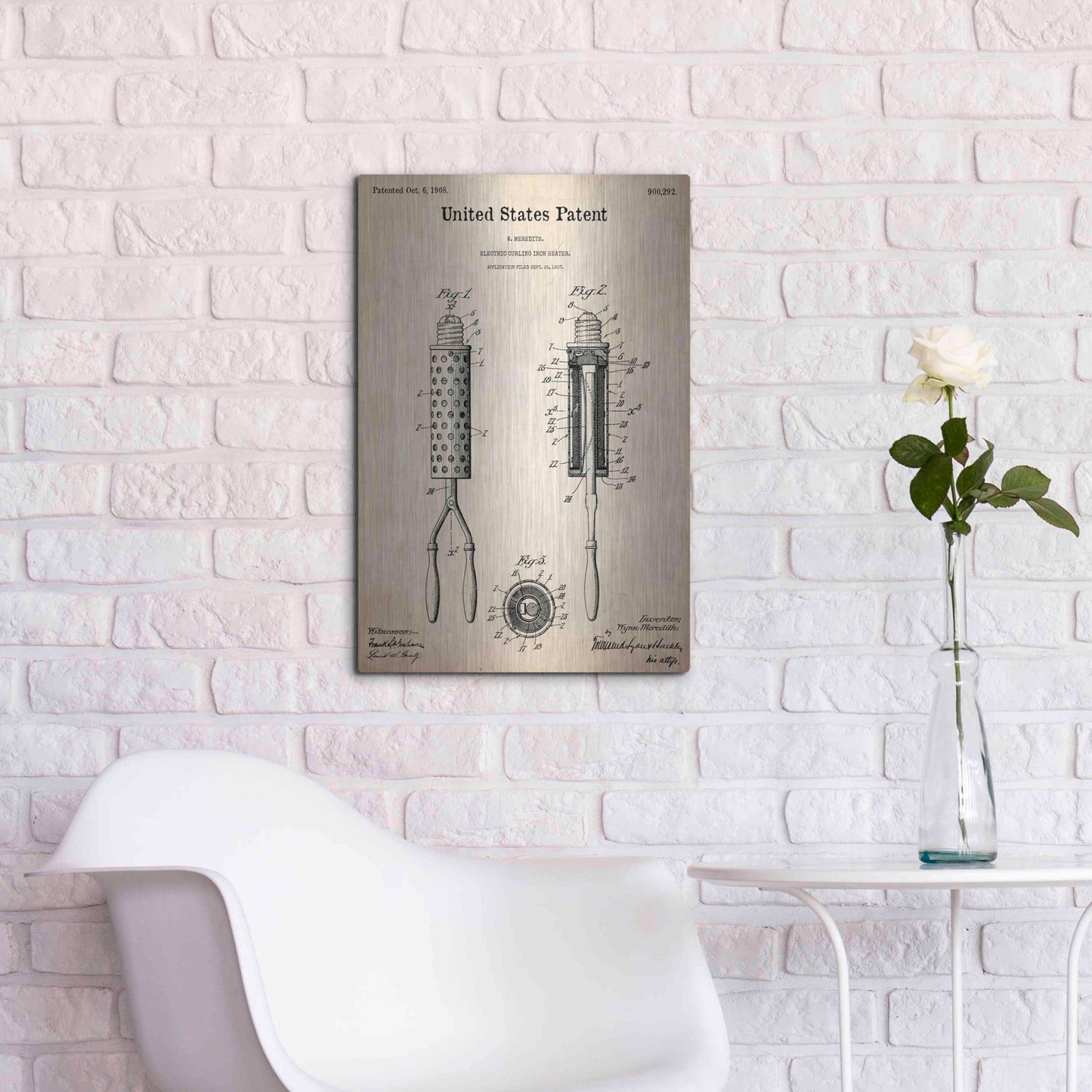 Luxe Metal Art 'Curling Iron Blueprint Patent Parchment,' Metal Wall Art,16x24