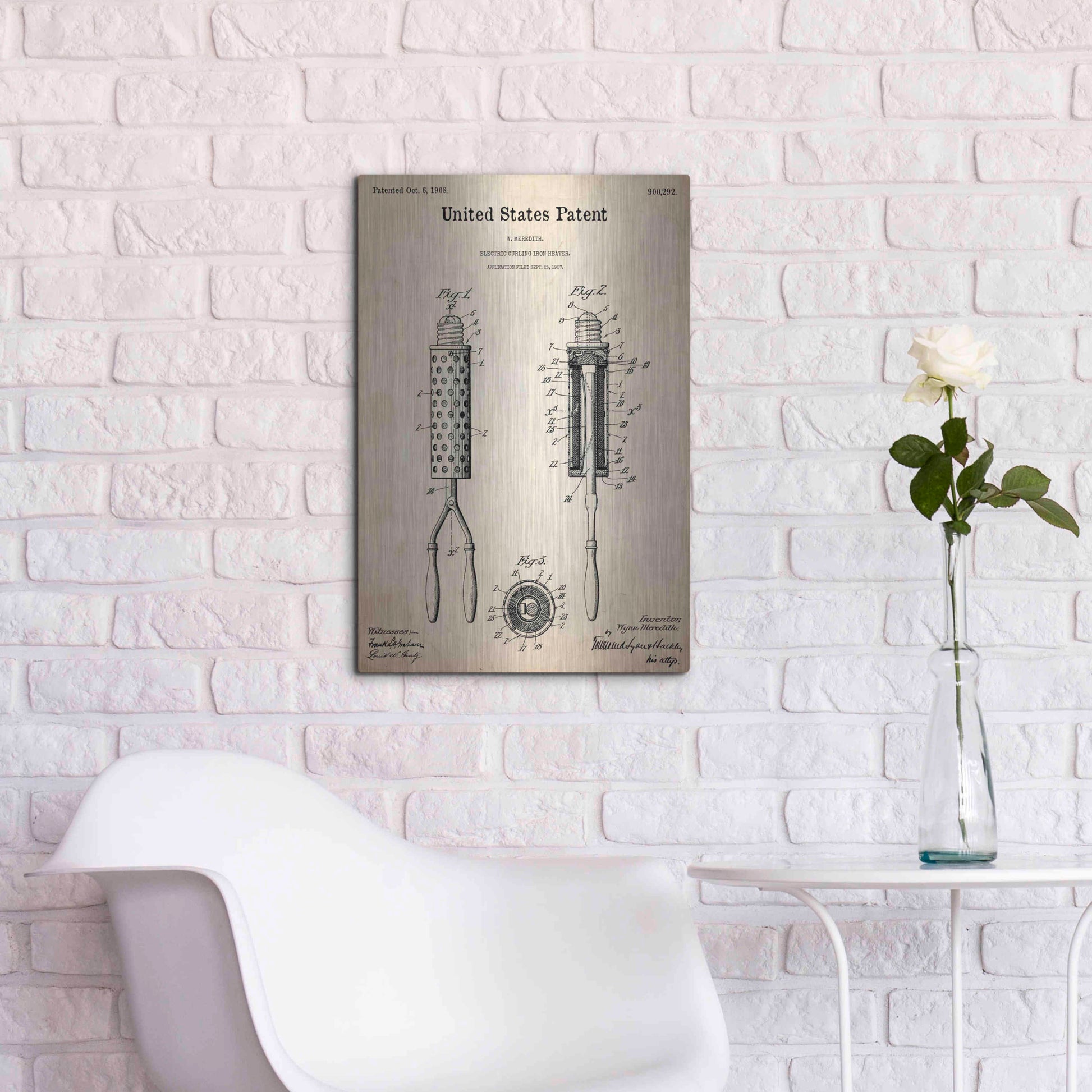 Luxe Metal Art 'Curling Iron Blueprint Patent Parchment,' Metal Wall Art,16x24