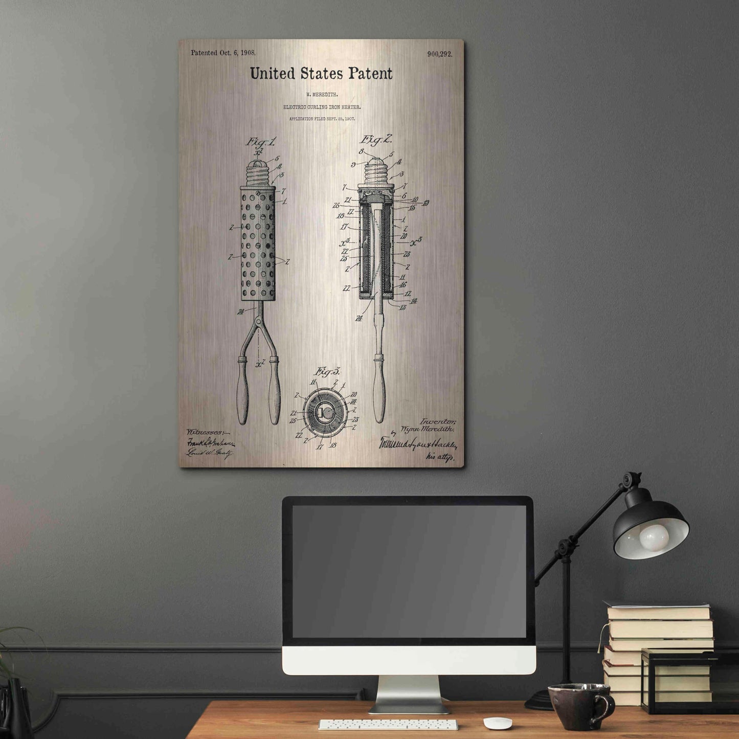 Luxe Metal Art 'Curling Iron Blueprint Patent Parchment,' Metal Wall Art,24x36