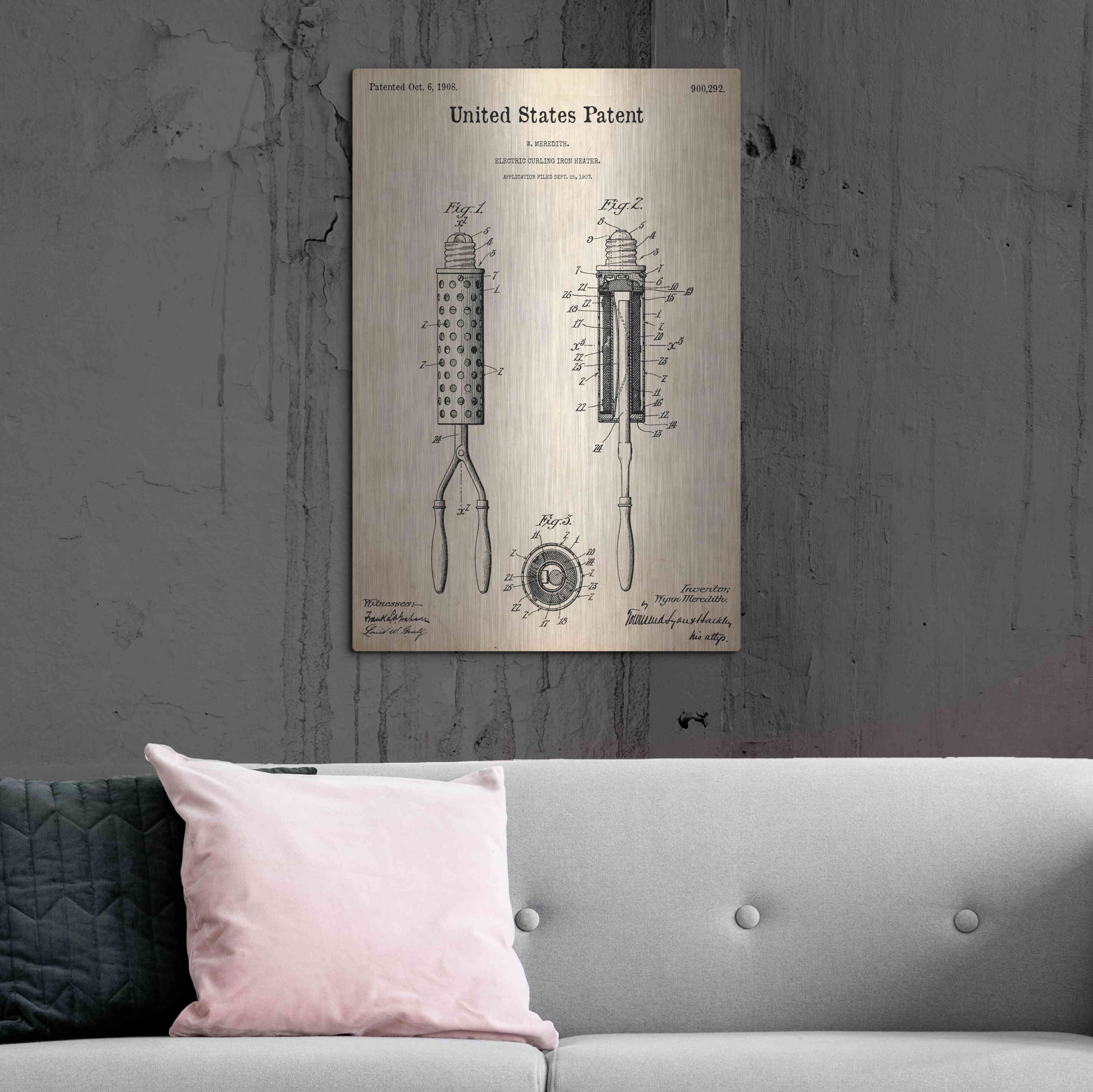 Luxe Metal Art 'Curling Iron Blueprint Patent Parchment,' Metal Wall Art,24x36