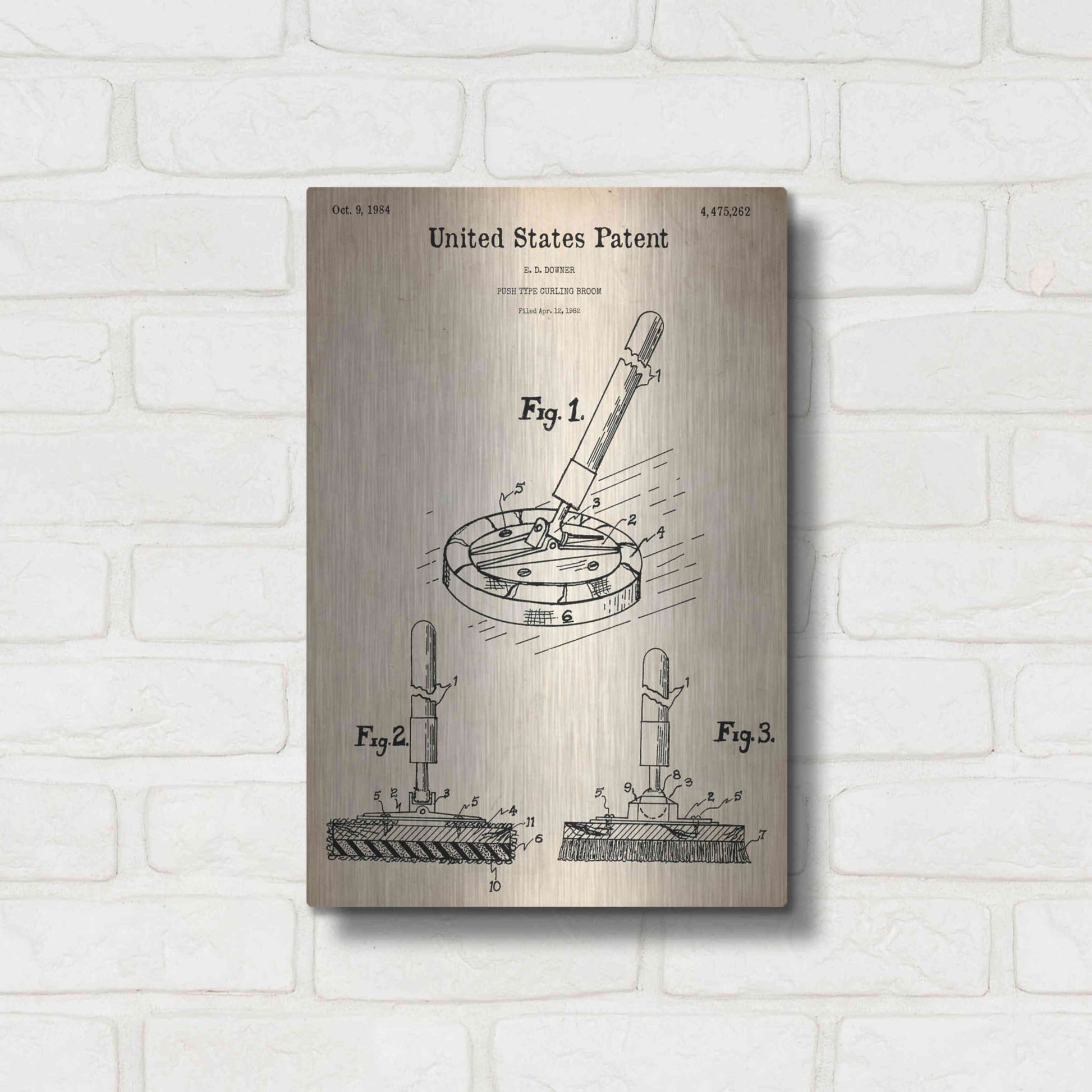 Luxe Metal Art 'Curling Broom Blueprint Patent Parchment,' Metal Wall Art,12x16