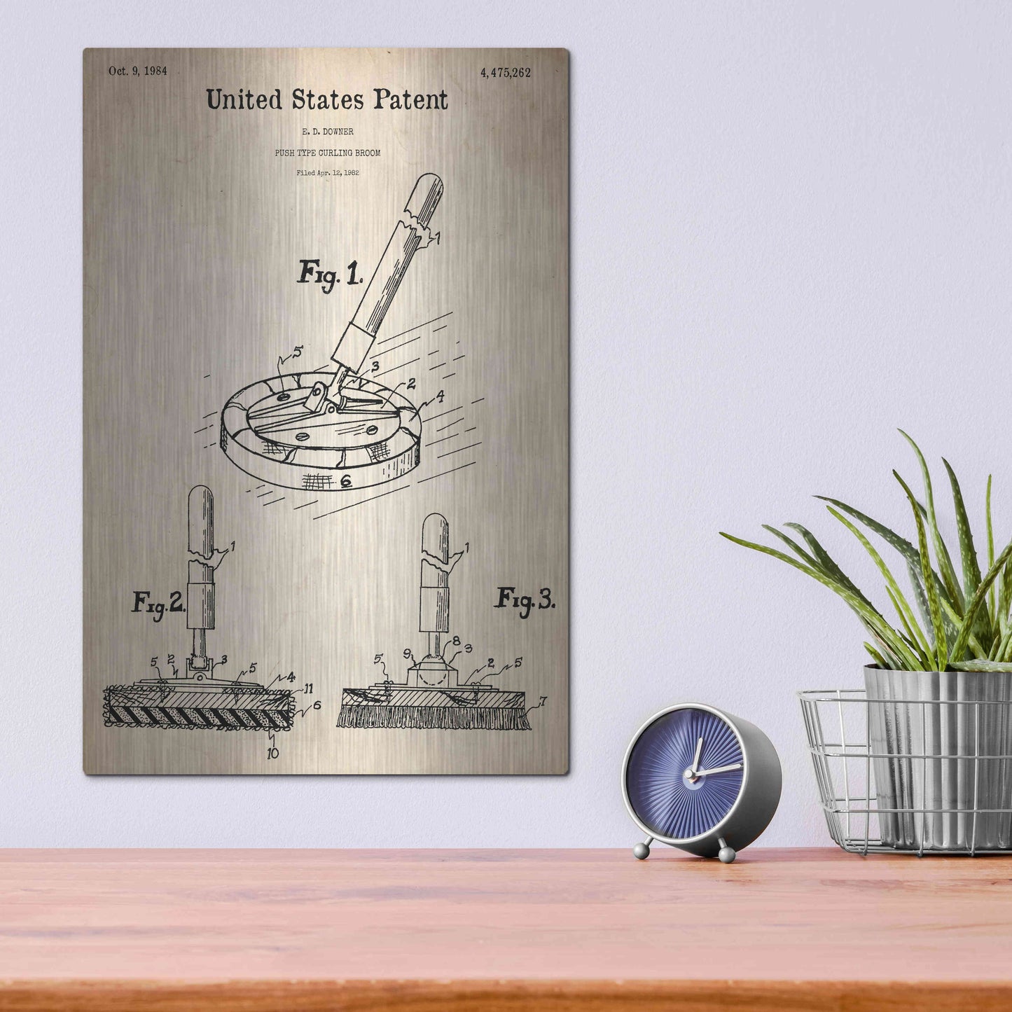 Luxe Metal Art 'Curling Broom Blueprint Patent Parchment,' Metal Wall Art,12x16