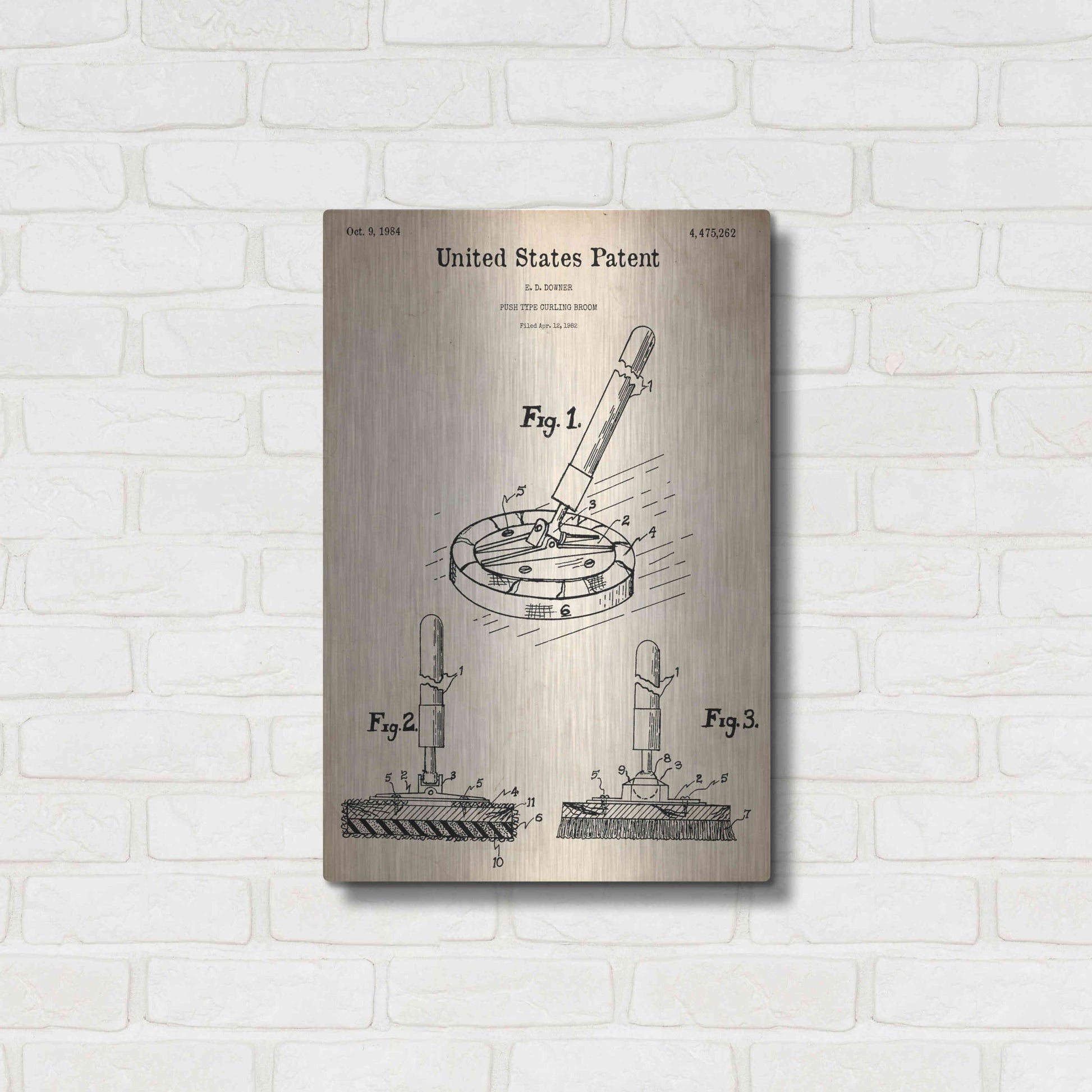 Luxe Metal Art 'Curling Broom Blueprint Patent Parchment,' Metal Wall Art,16x24