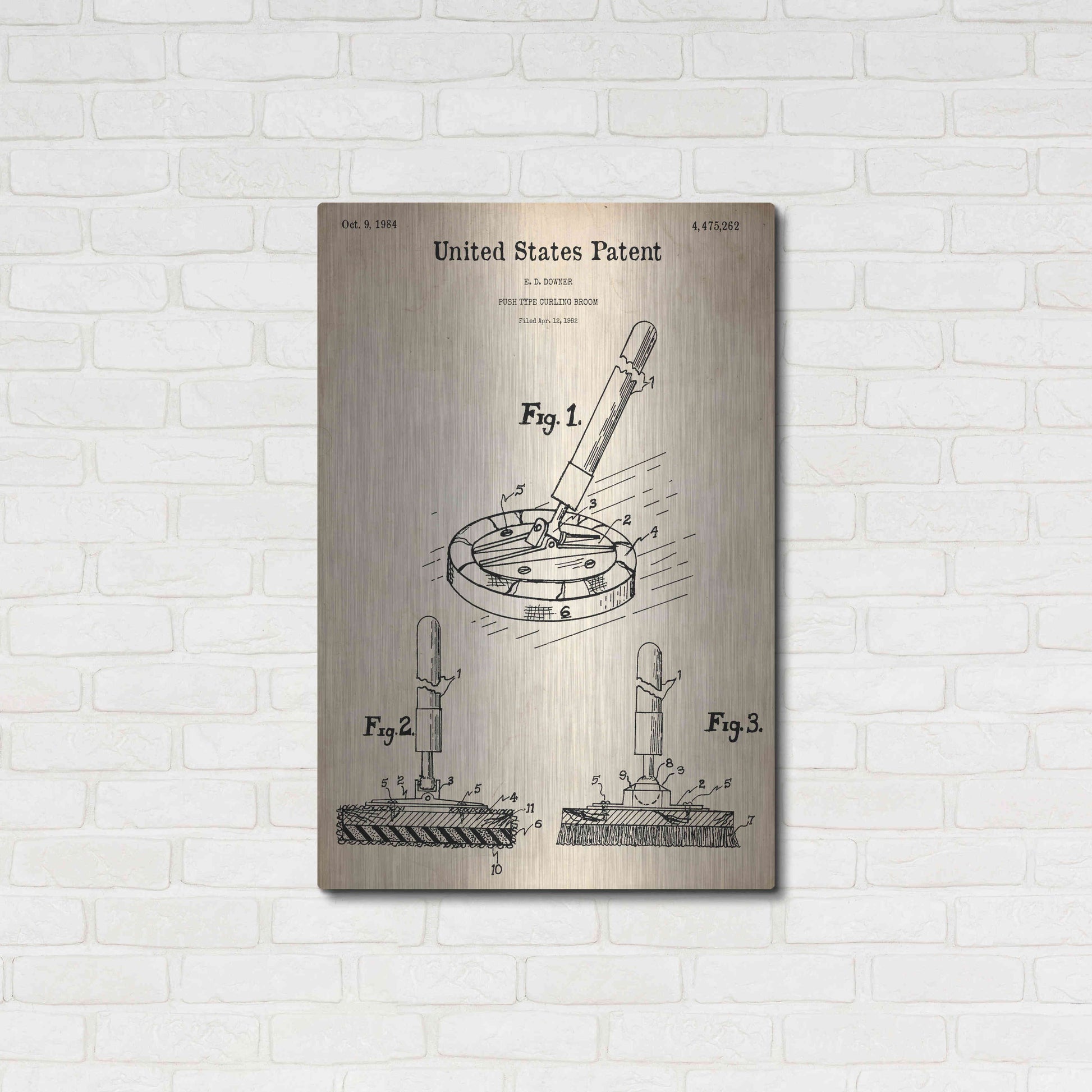 Luxe Metal Art 'Curling Broom Blueprint Patent Parchment,' Metal Wall Art,24x36