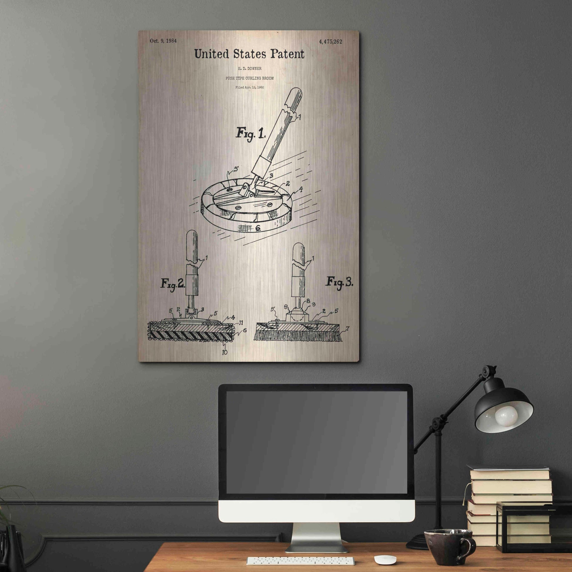 Luxe Metal Art 'Curling Broom Blueprint Patent Parchment,' Metal Wall Art,24x36