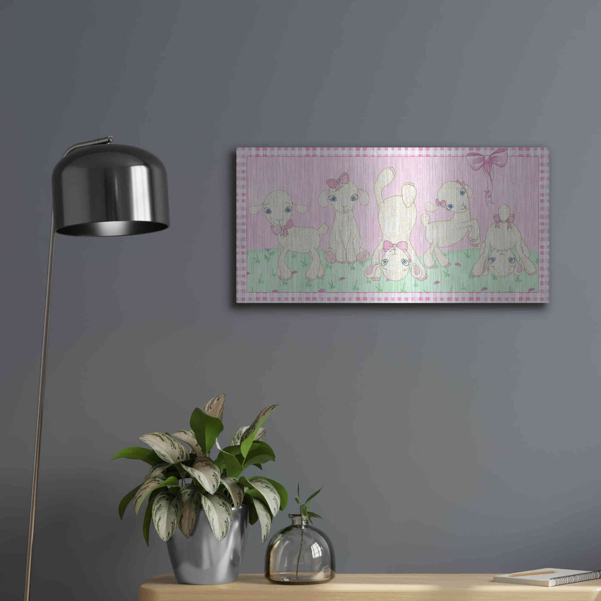 'Baby Shower Pink Lambs' by Elyse DeNeige – Metal Wall Art, 24x12 room view