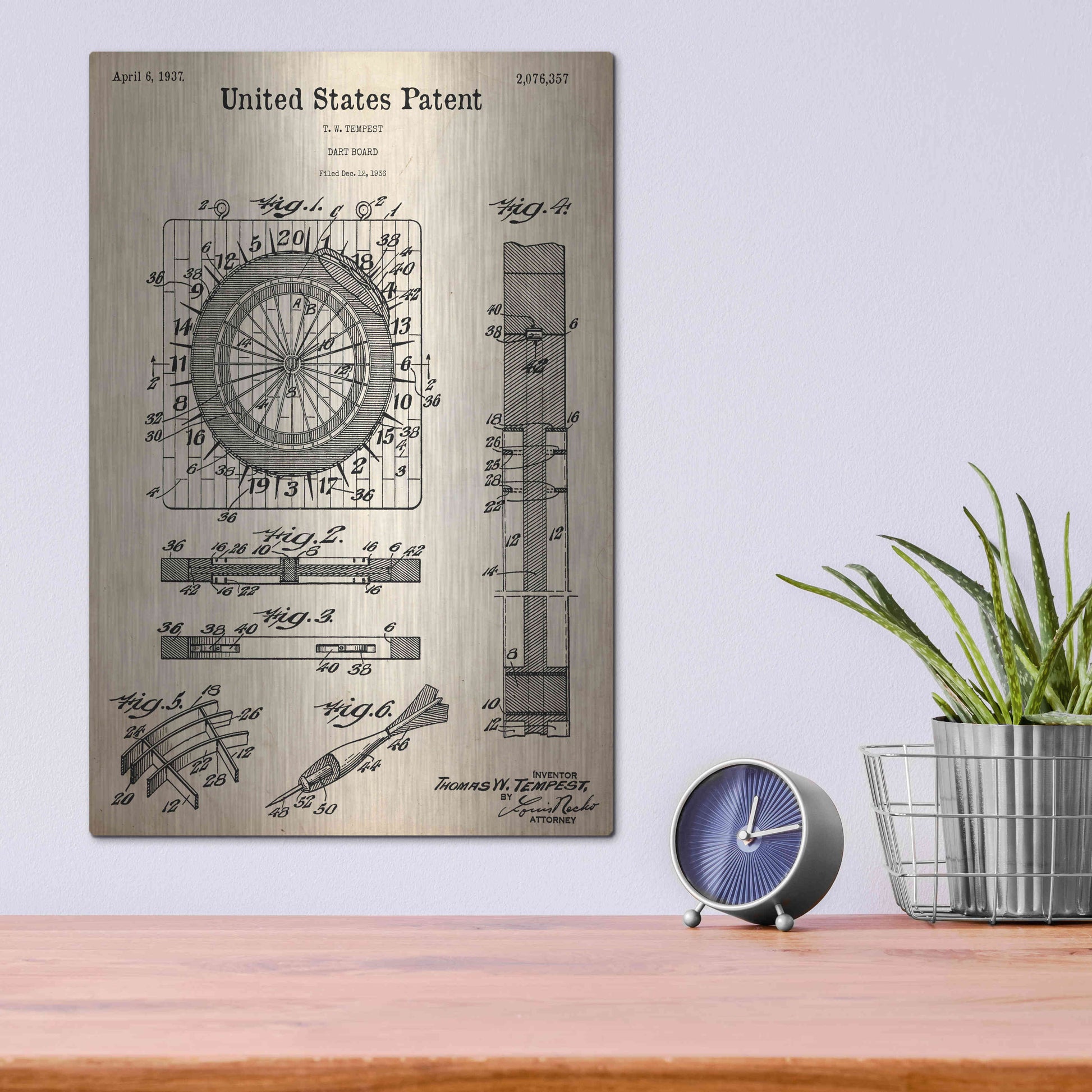 Luxe Metal Art 'Darts Game Blueprint Patent Parchment,' Metal Wall Art,12x16