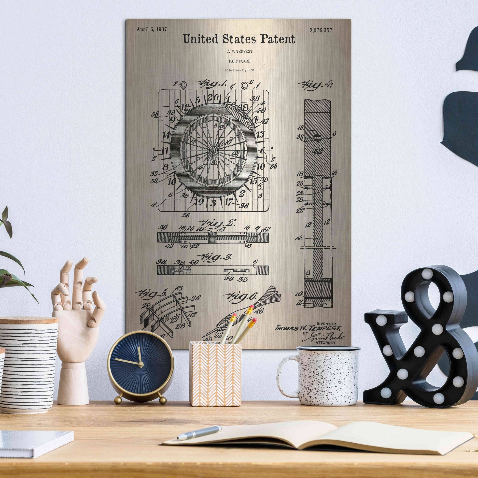 Luxe Metal Art 'Darts Game Blueprint Patent Parchment,' Metal Wall Art,12x16