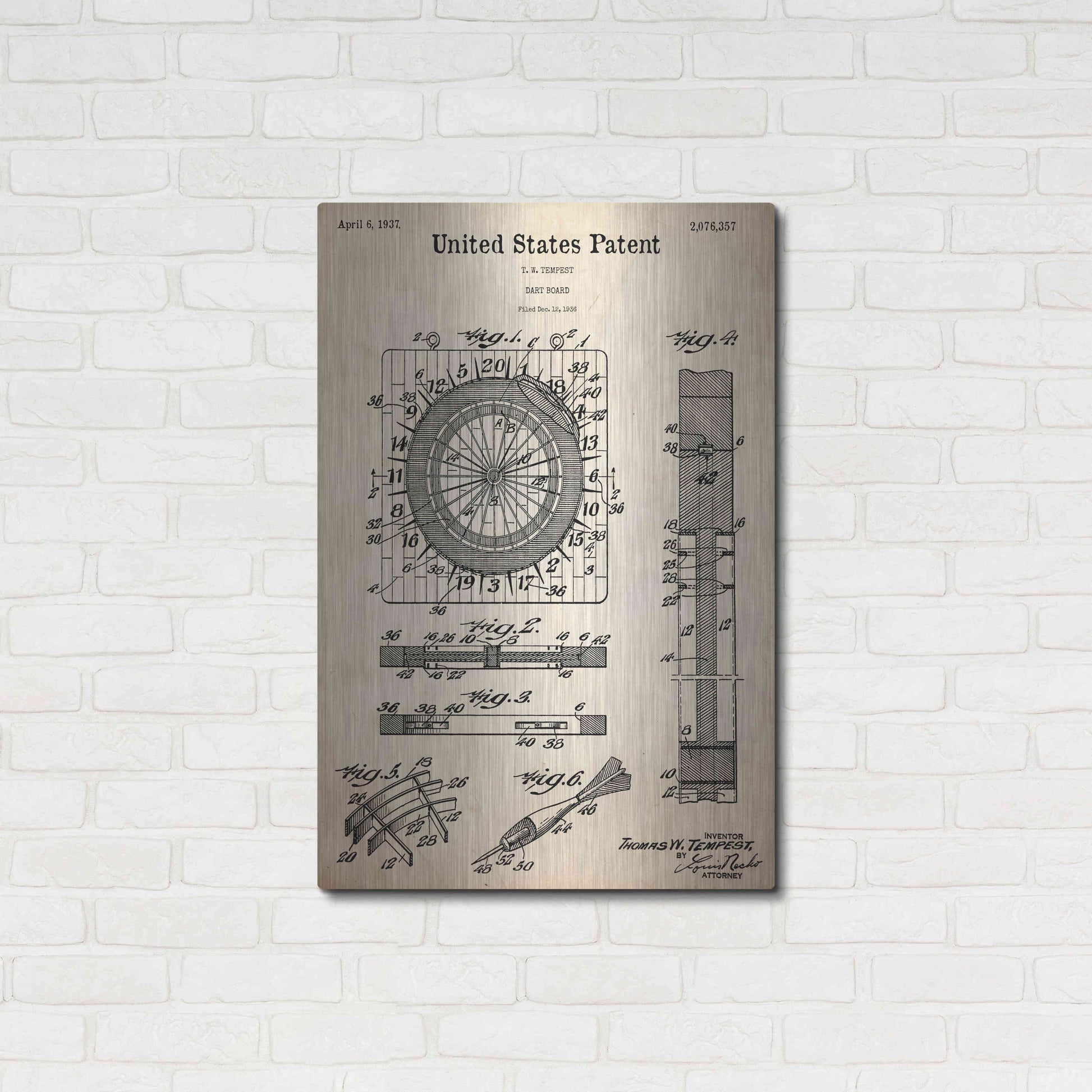 Luxe Metal Art 'Darts Game Blueprint Patent Parchment,' Metal Wall Art,24x36