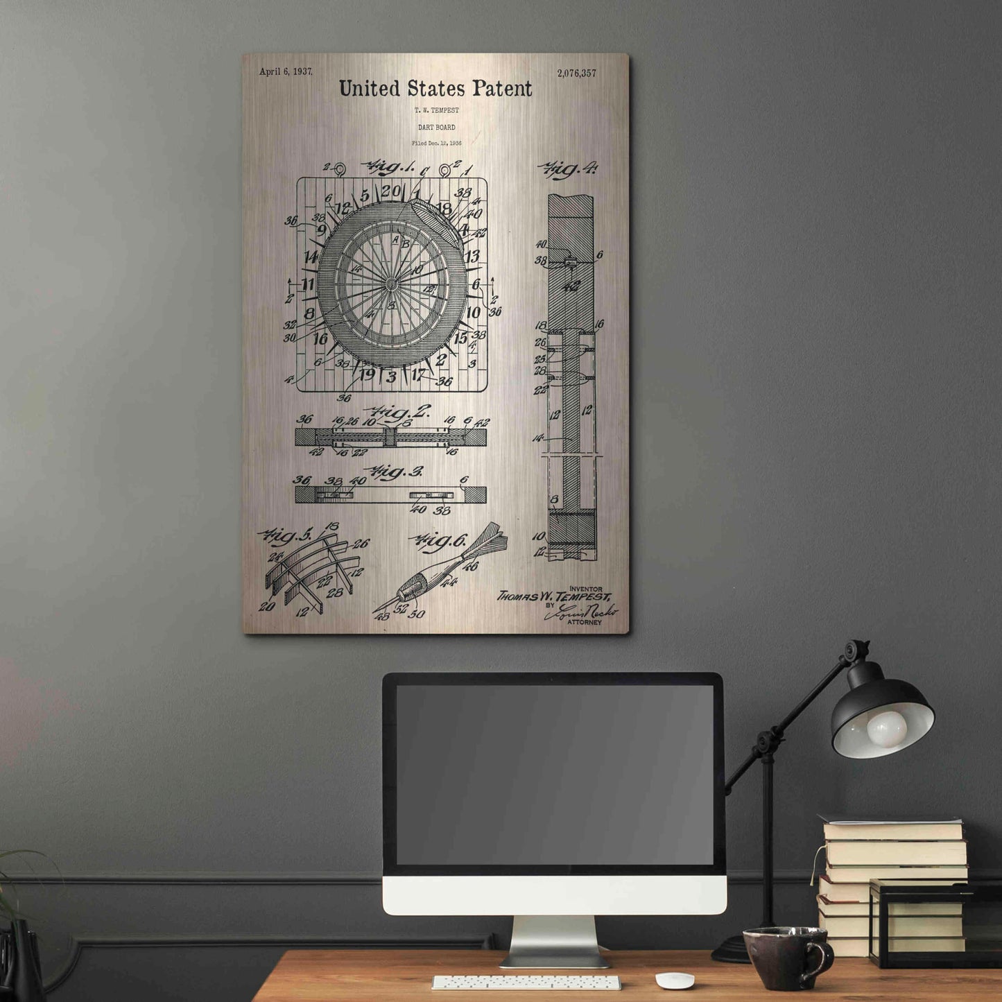 Luxe Metal Art 'Darts Game Blueprint Patent Parchment,' Metal Wall Art,24x36