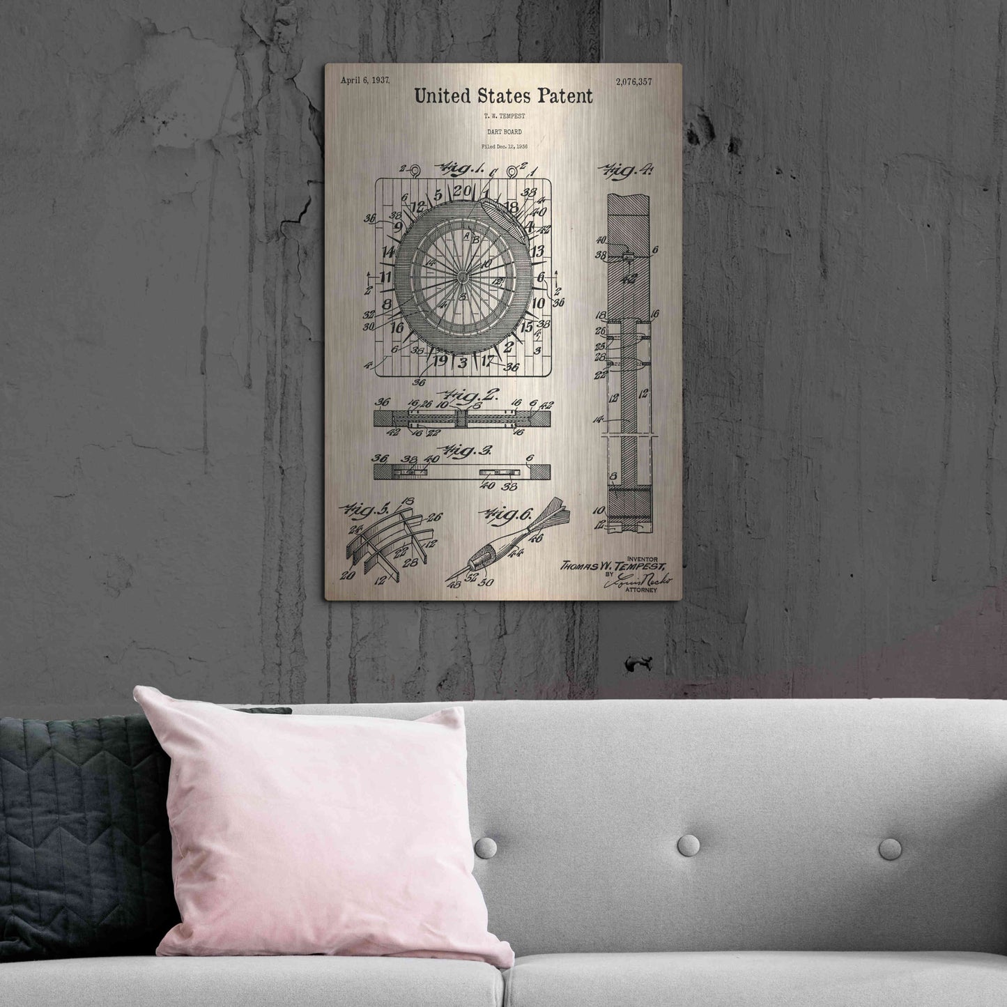 Luxe Metal Art 'Darts Game Blueprint Patent Parchment,' Metal Wall Art,24x36