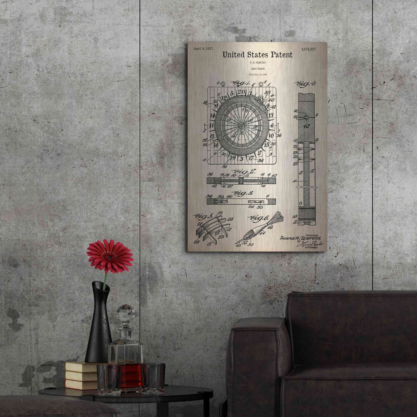 Luxe Metal Art 'Darts Game Blueprint Patent Parchment,' Metal Wall Art,24x36