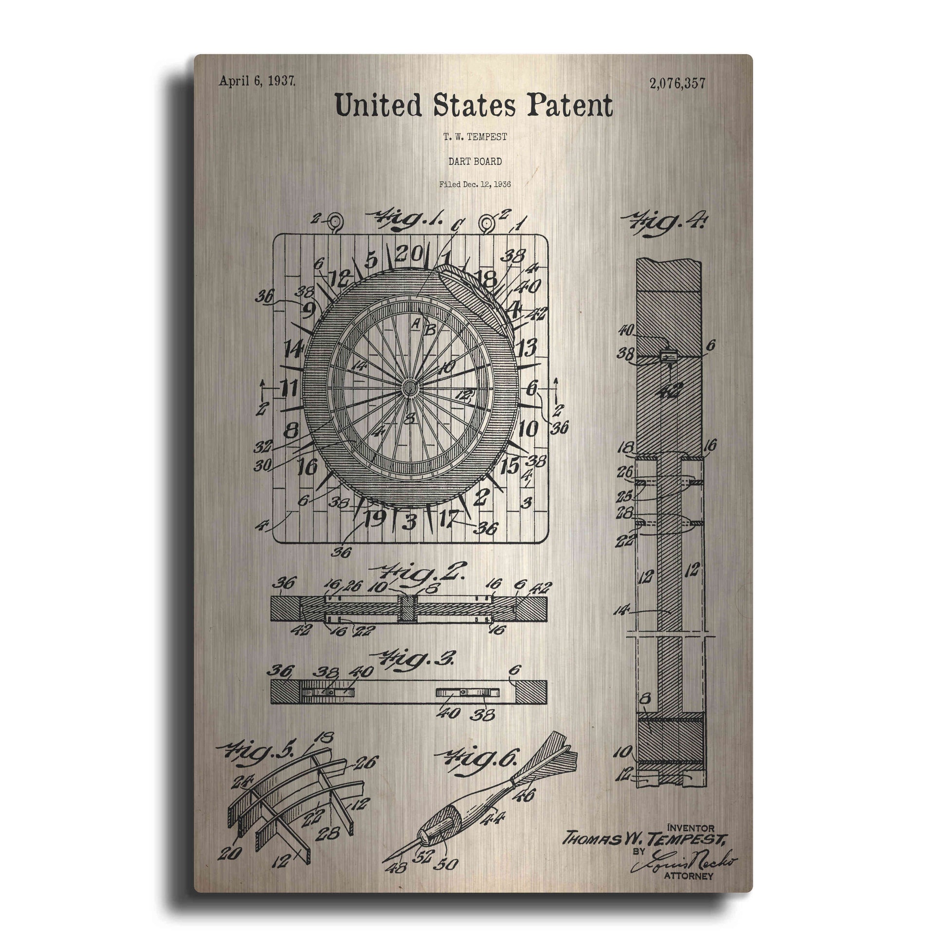 Luxe Metal Art 'Darts Game Blueprint Patent Parchment,' Metal Wall Art