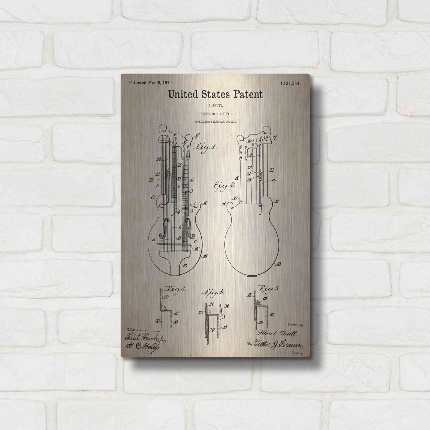 Luxe Metal Art 'Double Bass Guitar Blueprint Patent Parchment,' Metal Wall Art,12x16