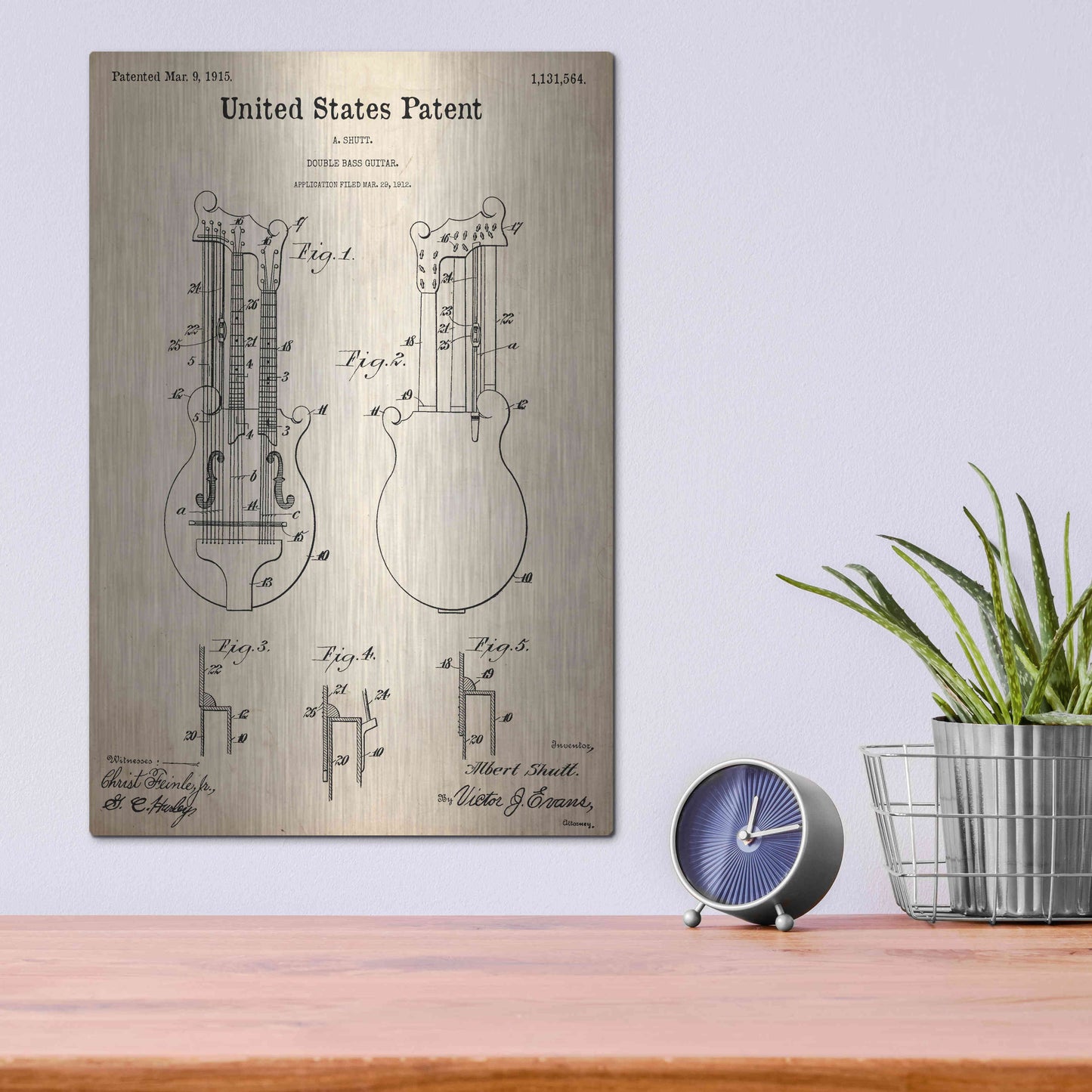 Luxe Metal Art 'Double Bass Guitar Blueprint Patent Parchment,' Metal Wall Art,12x16