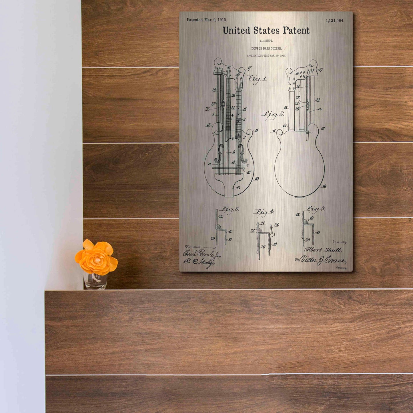 Luxe Metal Art 'Double Bass Guitar Blueprint Patent Parchment,' Metal Wall Art,12x16