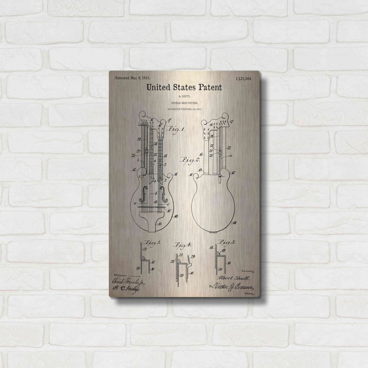 Luxe Metal Art 'Double Bass Guitar Blueprint Patent Parchment,' Metal Wall Art,16x24