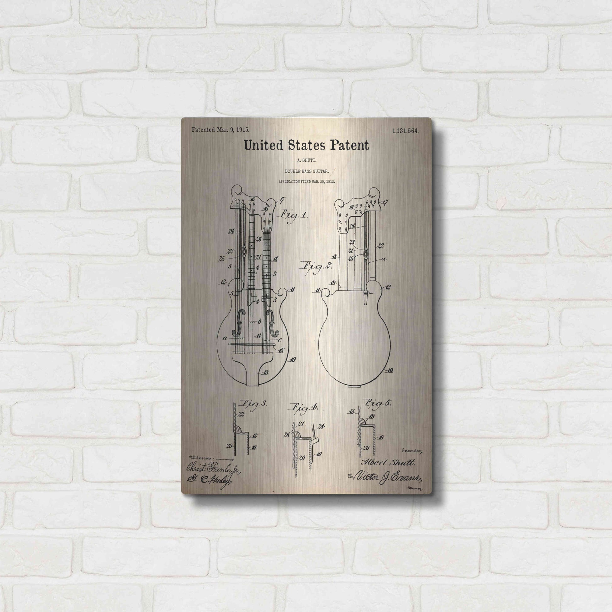 Luxe Metal Art 'Double Bass Guitar Blueprint Patent Parchment,' Metal Wall Art,16x24