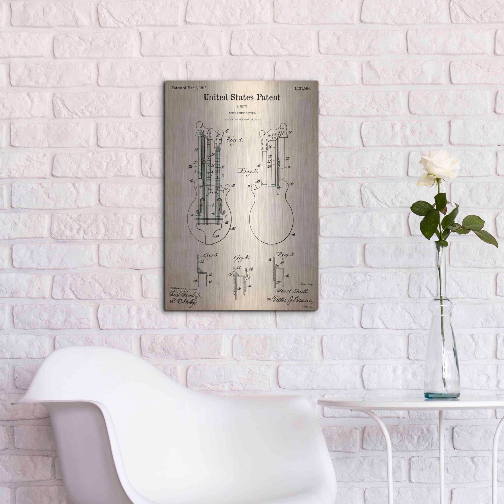 Luxe Metal Art 'Double Bass Guitar Blueprint Patent Parchment,' Metal Wall Art,16x24