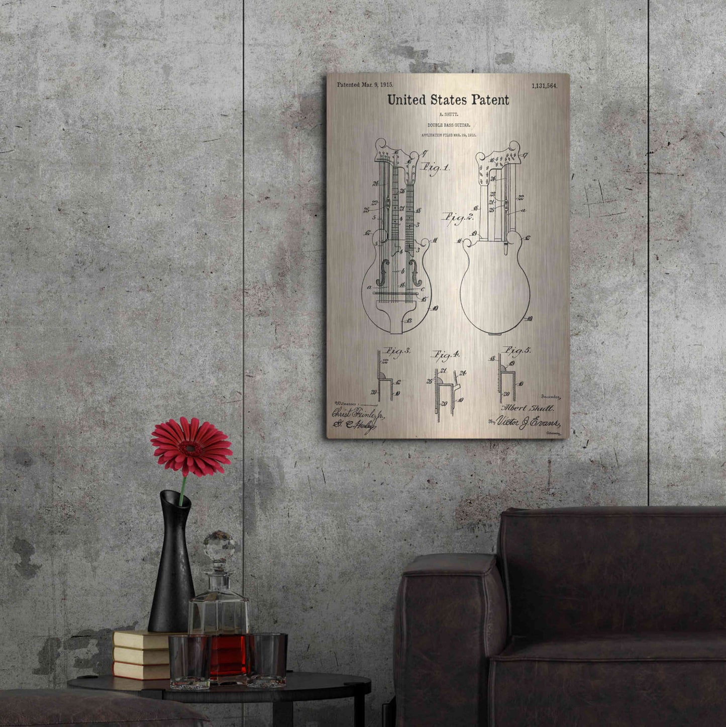 Luxe Metal Art 'Double Bass Guitar Blueprint Patent Parchment,' Metal Wall Art,24x36