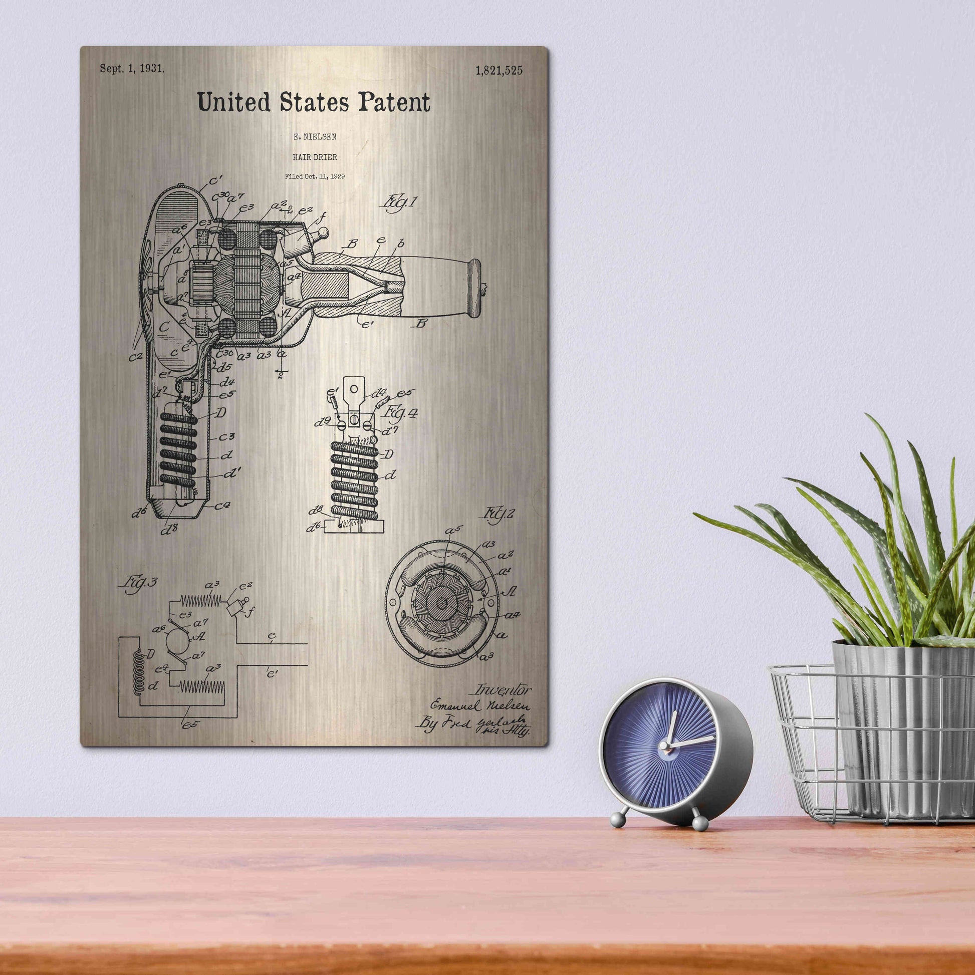 Luxe Metal Art 'Hair Dryer Blueprint Patent Parchment,' Metal Wall Art,12x16