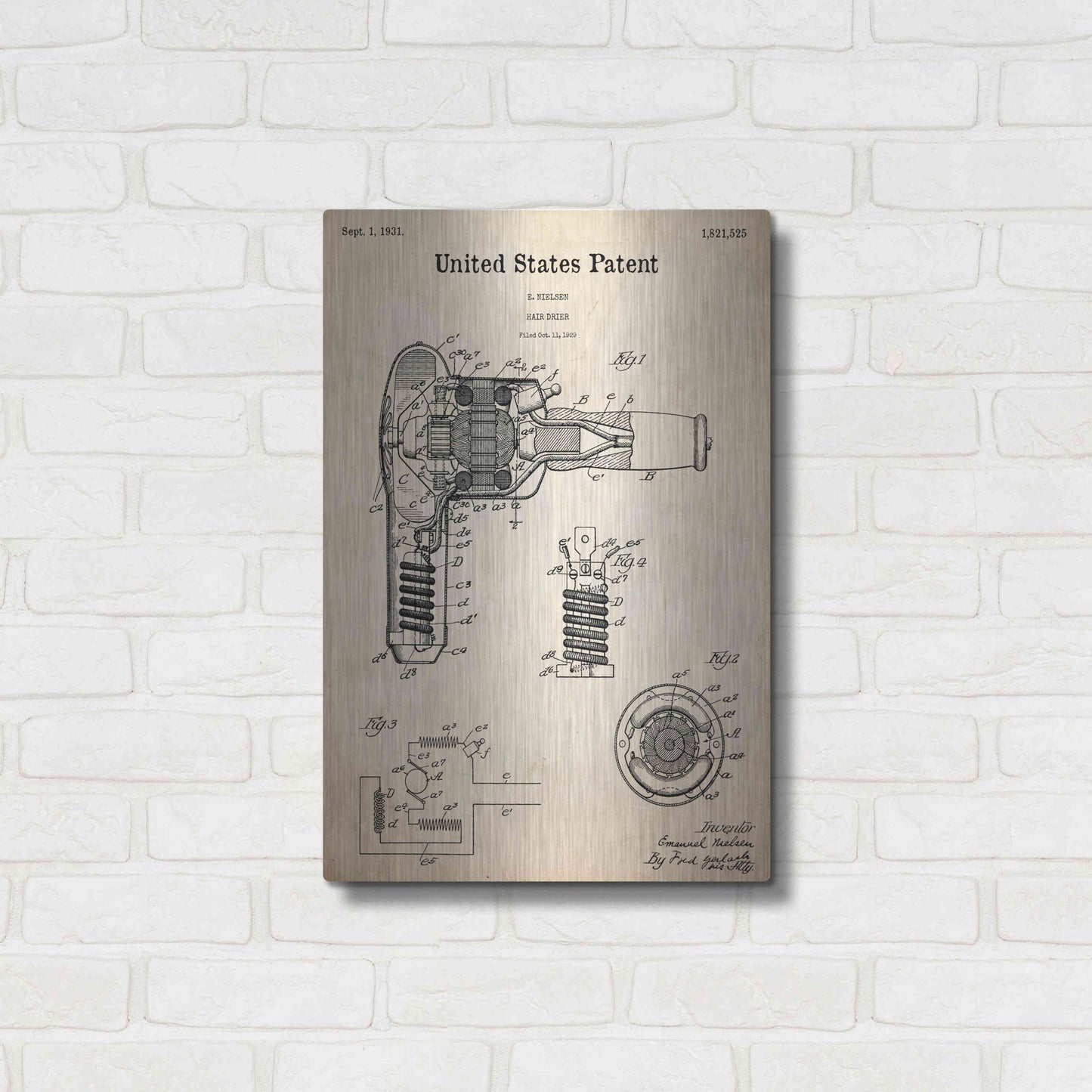 Luxe Metal Art 'Hair Dryer Blueprint Patent Parchment,' Metal Wall Art,16x24