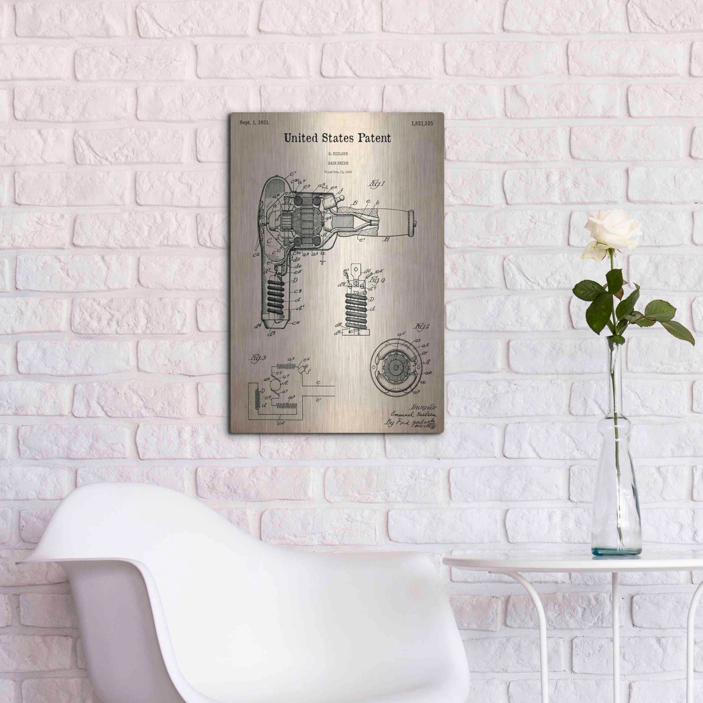 Luxe Metal Art 'Hair Dryer Blueprint Patent Parchment,' Metal Wall Art,16x24