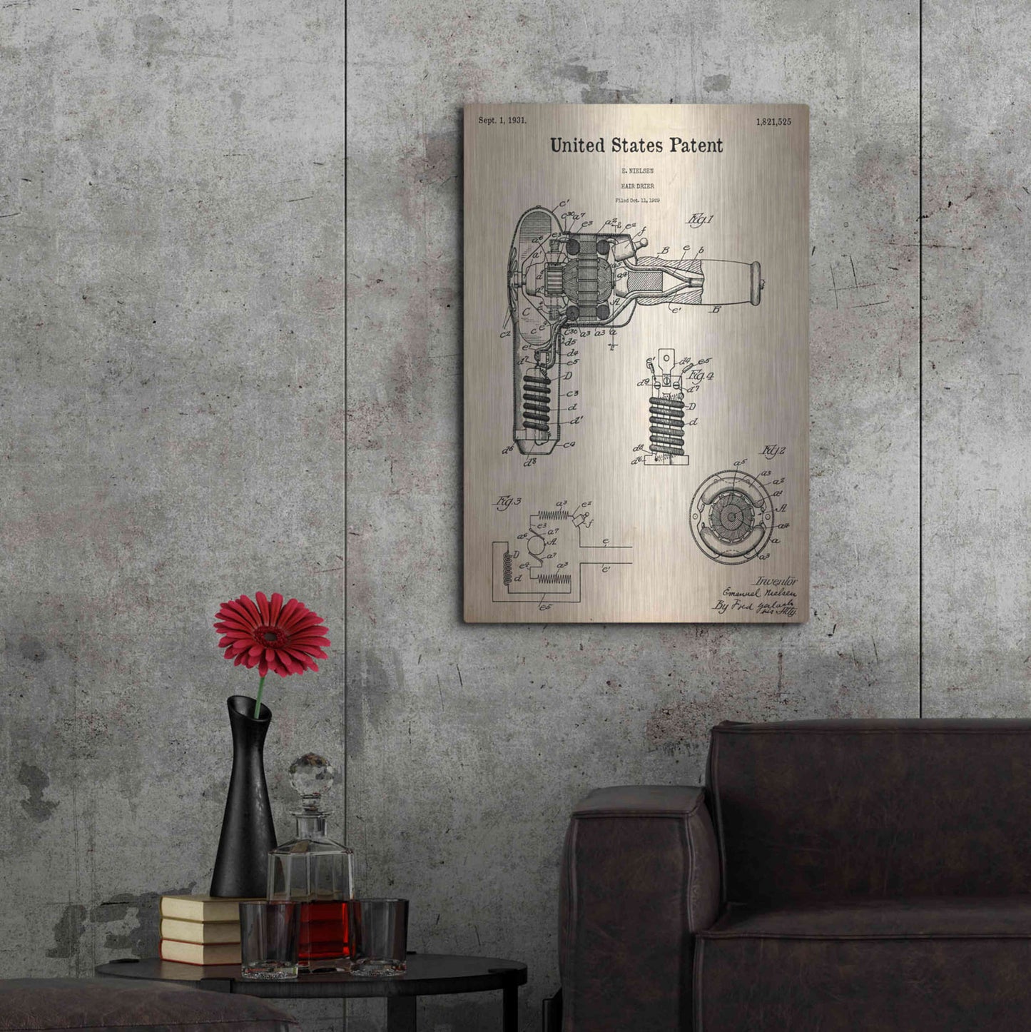 Luxe Metal Art 'Hair Dryer Blueprint Patent Parchment,' Metal Wall Art,24x36