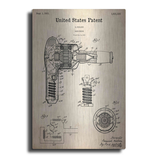 Luxe Metal Art 'Hair Dryer Blueprint Patent Parchment,' Metal Wall Art