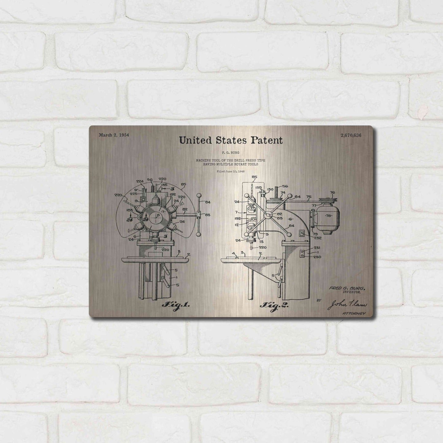 Luxe Metal Art 'Drill Press Blueprint Patent Parchment,' Metal Wall Art,16x12