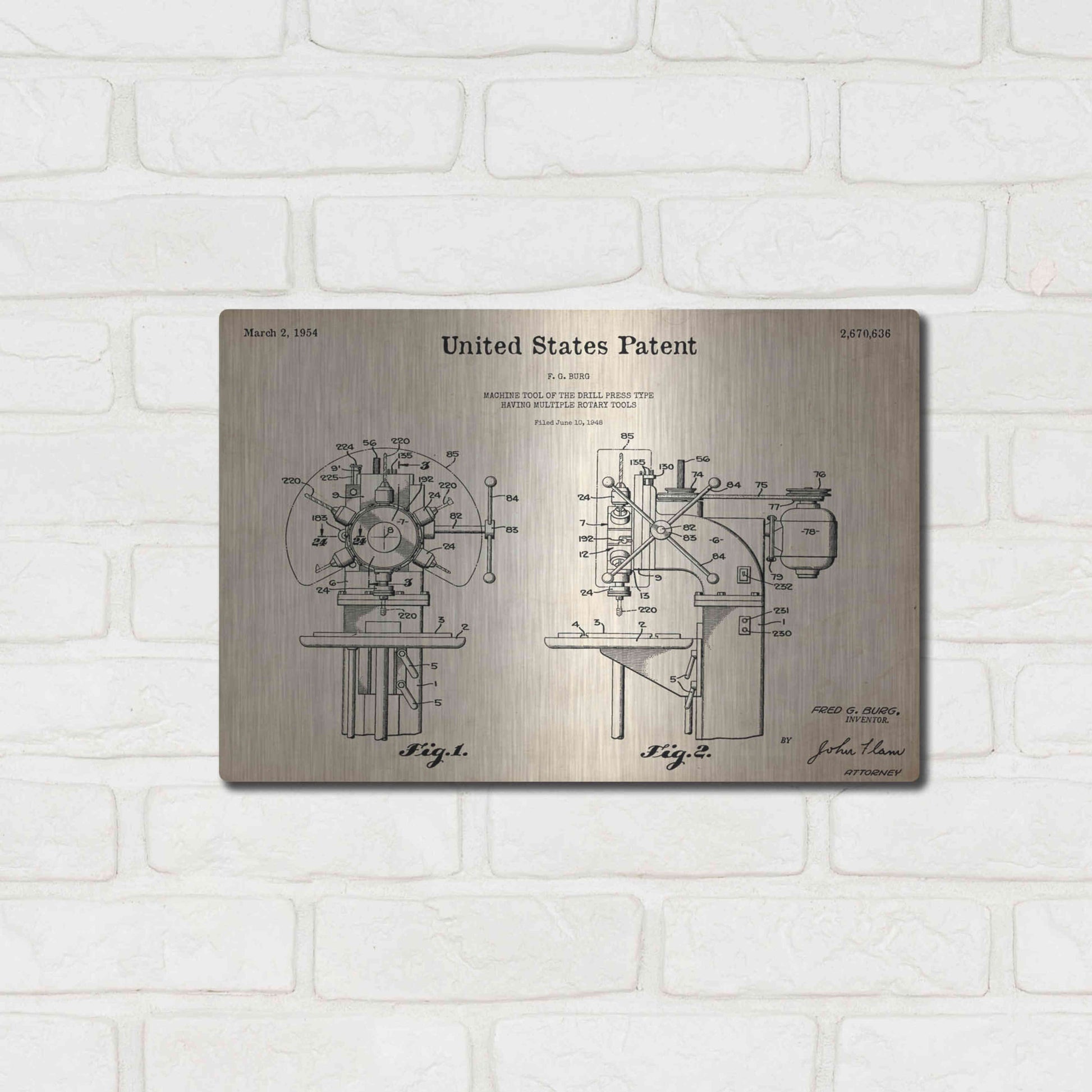 Luxe Metal Art 'Drill Press Blueprint Patent Parchment,' Metal Wall Art,16x12