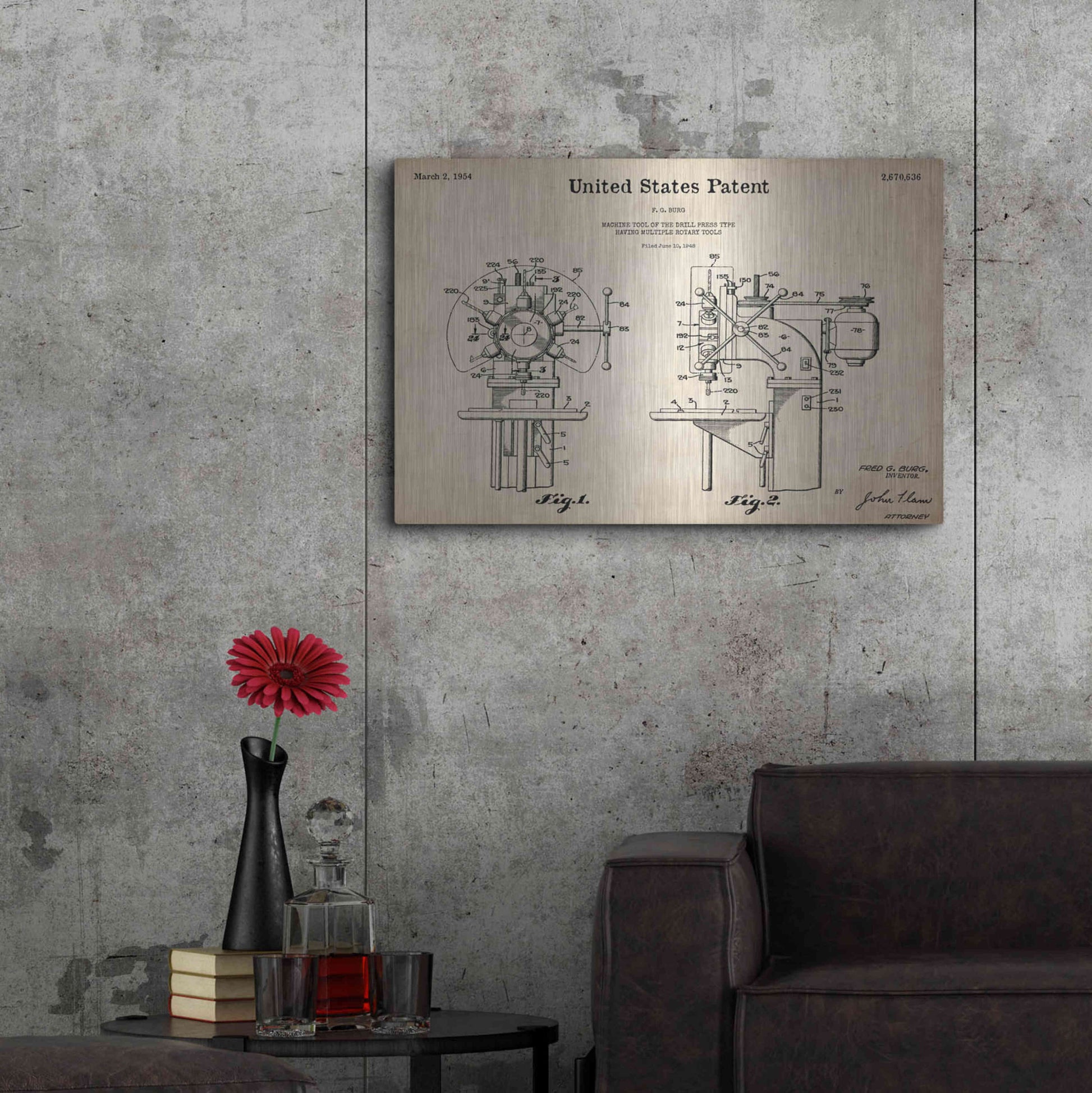 Luxe Metal Art 'Drill Press Blueprint Patent Parchment,' Metal Wall Art,36x24