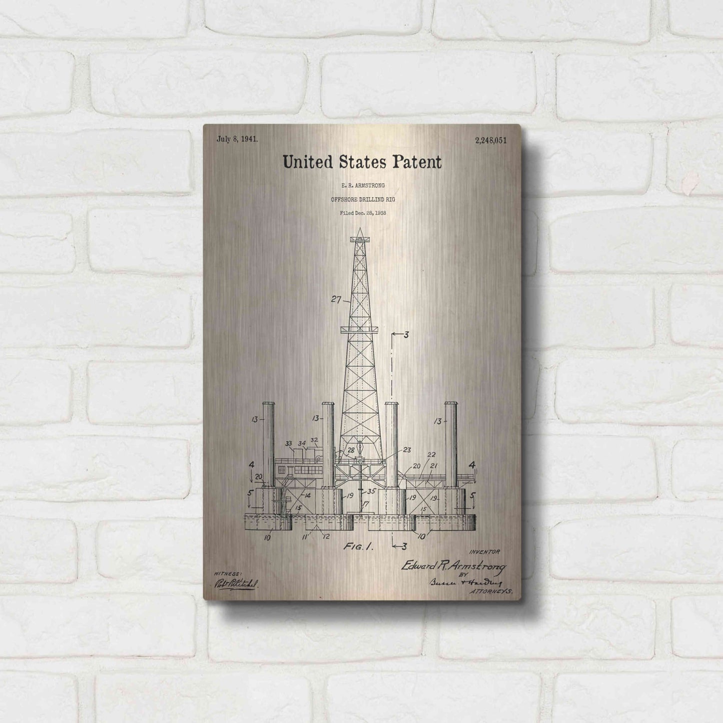 Luxe Metal Art 'Drilling Rig Blueprint Patent Parchment,' Metal Wall Art,12x16