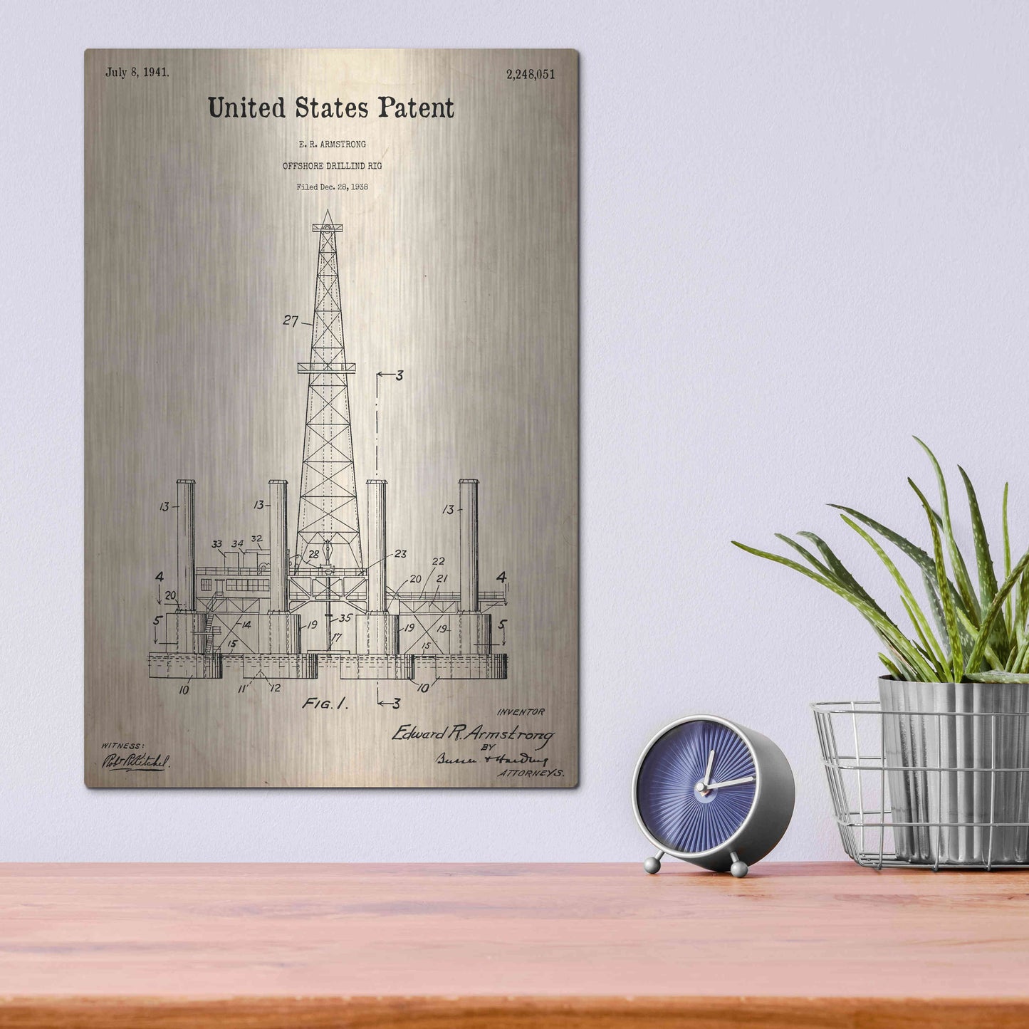 Luxe Metal Art 'Drilling Rig Blueprint Patent Parchment,' Metal Wall Art,12x16