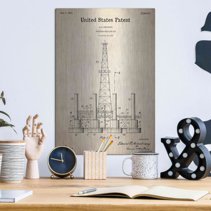 Luxe Metal Art 'Drilling Rig Blueprint Patent Parchment,' Metal Wall Art,12x16