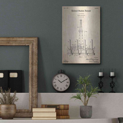 Luxe Metal Art 'Drilling Rig Blueprint Patent Parchment,' Metal Wall Art,12x16