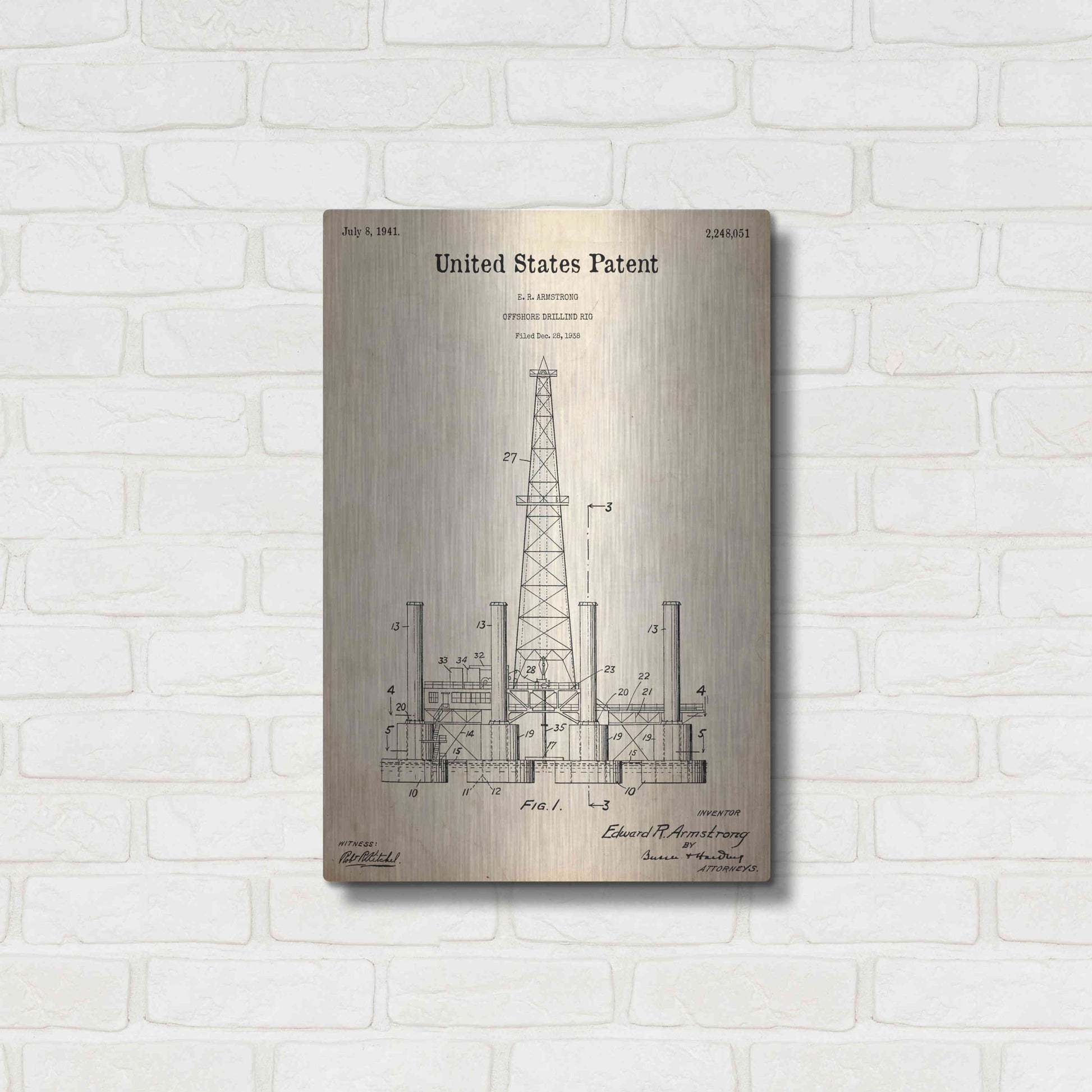 Luxe Metal Art 'Drilling Rig Blueprint Patent Parchment,' Metal Wall Art,16x24