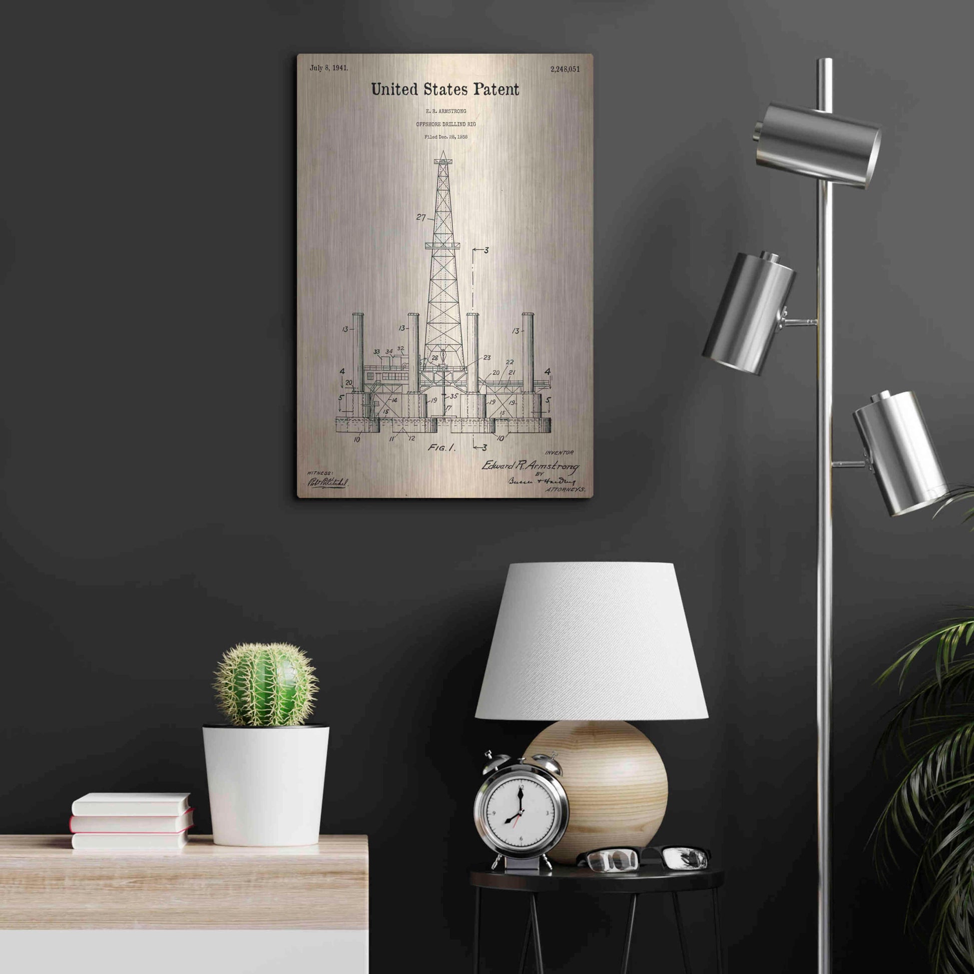 Luxe Metal Art 'Drilling Rig Blueprint Patent Parchment,' Metal Wall Art,16x24