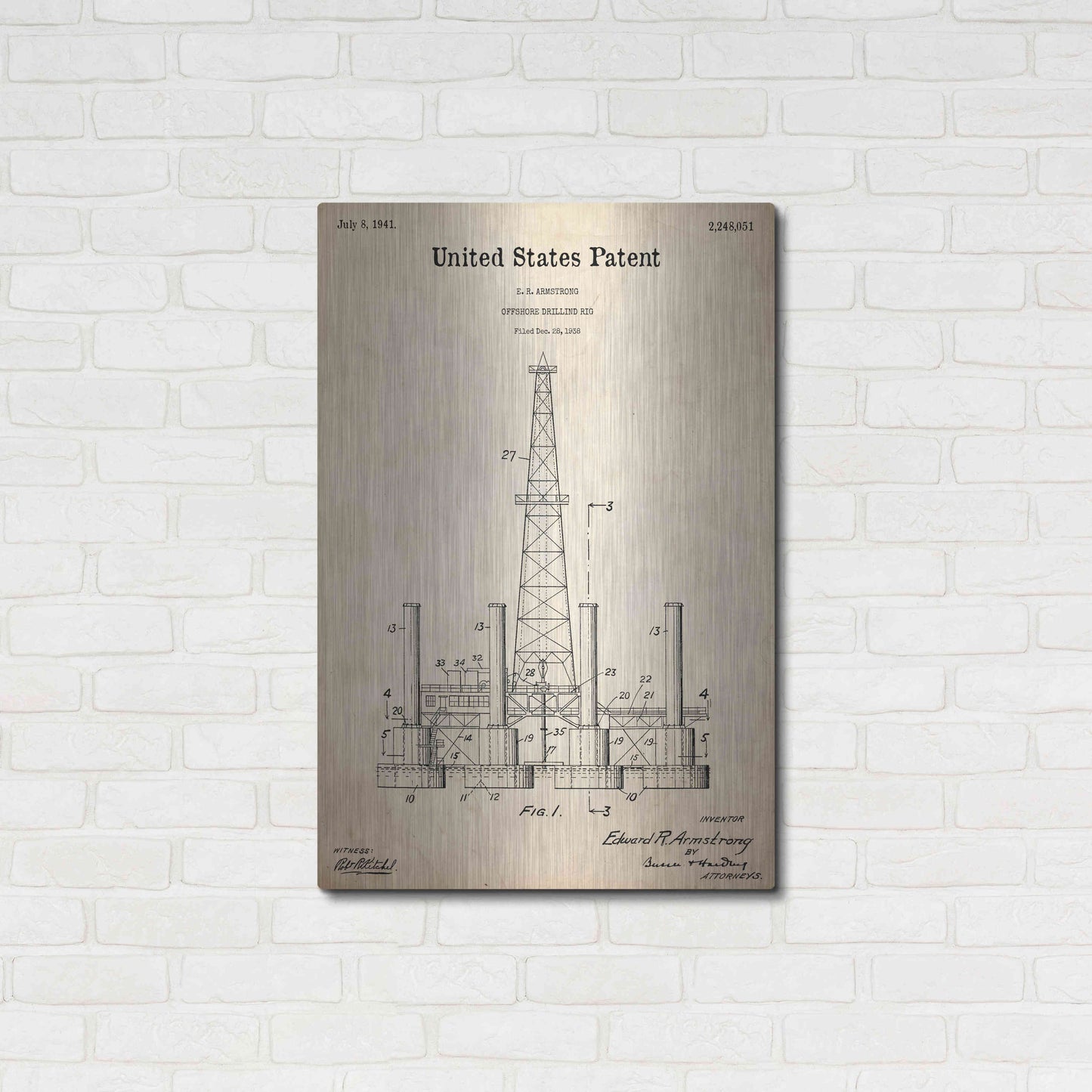 Luxe Metal Art 'Drilling Rig Blueprint Patent Parchment,' Metal Wall Art,24x36