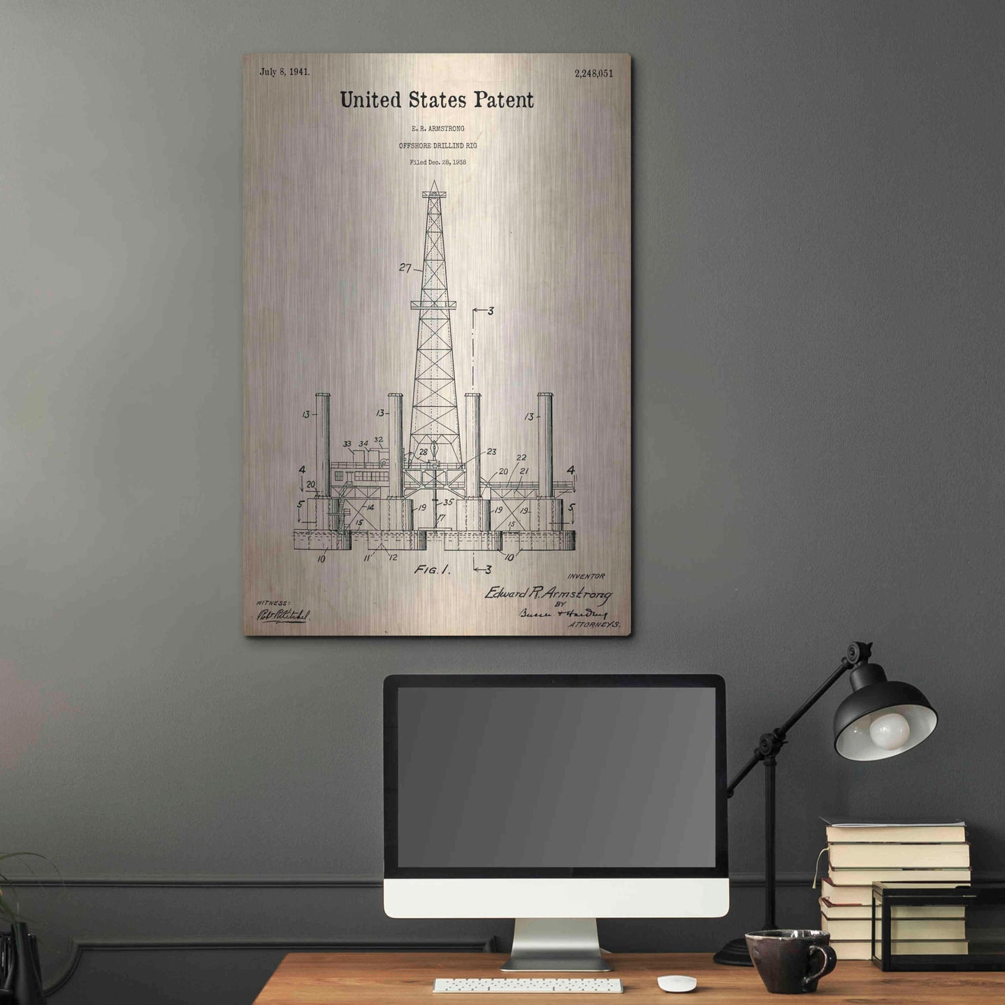 Luxe Metal Art 'Drilling Rig Blueprint Patent Parchment,' Metal Wall Art,24x36