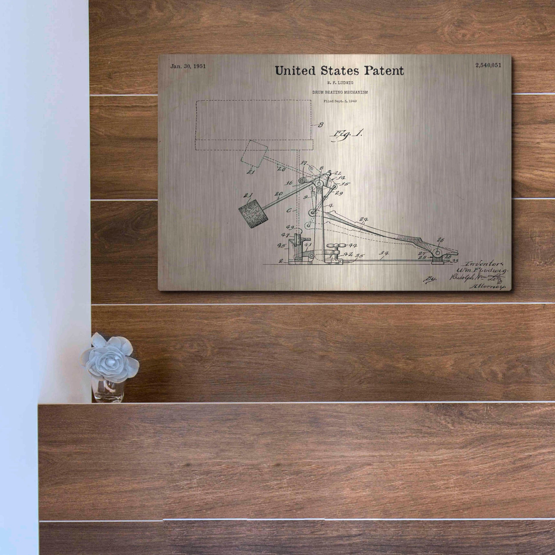 Luxe Metal Art 'Drum Beating Mechanism Blueprint Patent Parchment,' Metal Wall Art,16x12