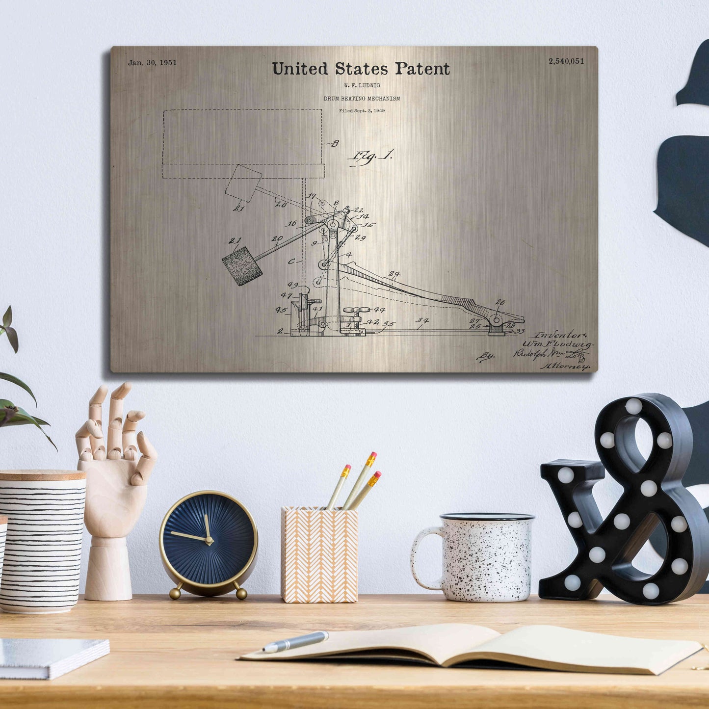 Luxe Metal Art 'Drum Beating Mechanism Blueprint Patent Parchment,' Metal Wall Art,16x12