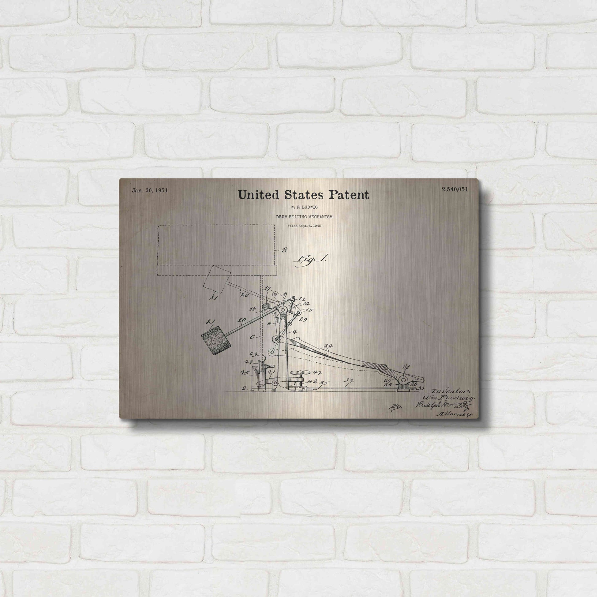 Luxe Metal Art 'Drum Beating Mechanism Blueprint Patent Parchment,' Metal Wall Art,24x16