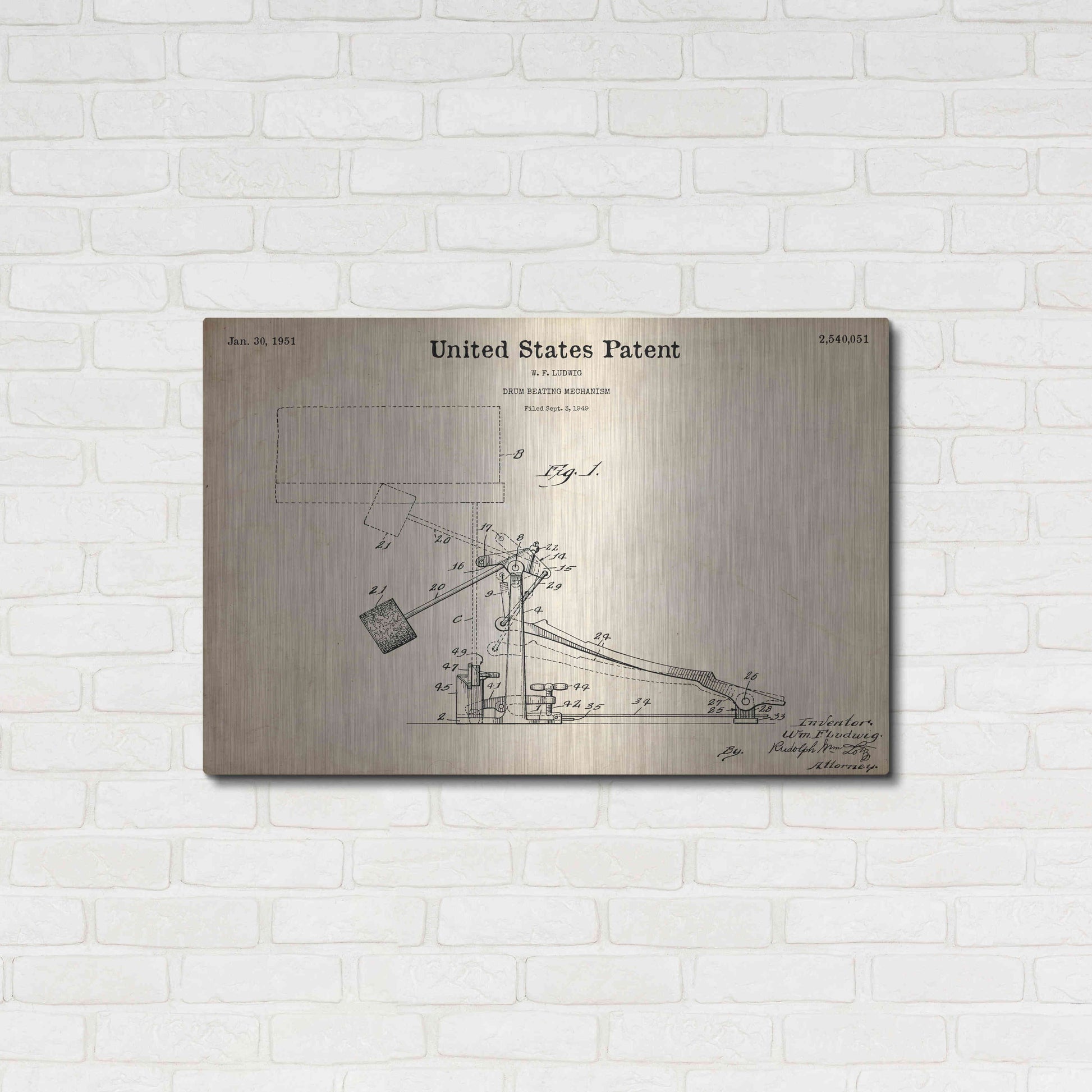 Luxe Metal Art 'Drum Beating Mechanism Blueprint Patent Parchment,' Metal Wall Art,36x24