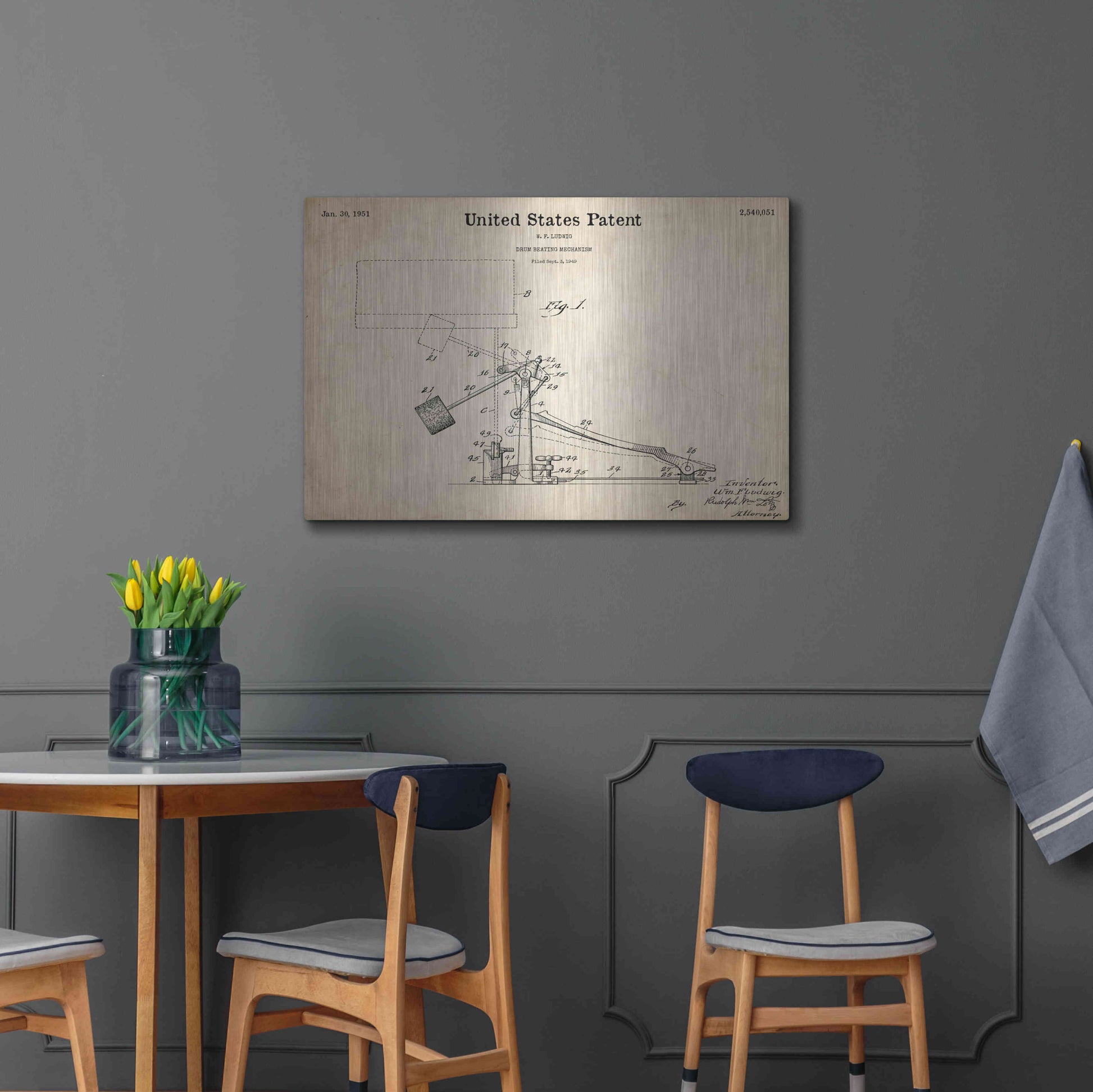 Luxe Metal Art 'Drum Beating Mechanism Blueprint Patent Parchment,' Metal Wall Art,36x24