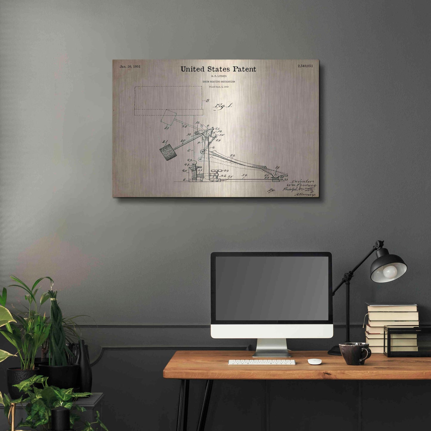 Luxe Metal Art 'Drum Beating Mechanism Blueprint Patent Parchment,' Metal Wall Art,36x24