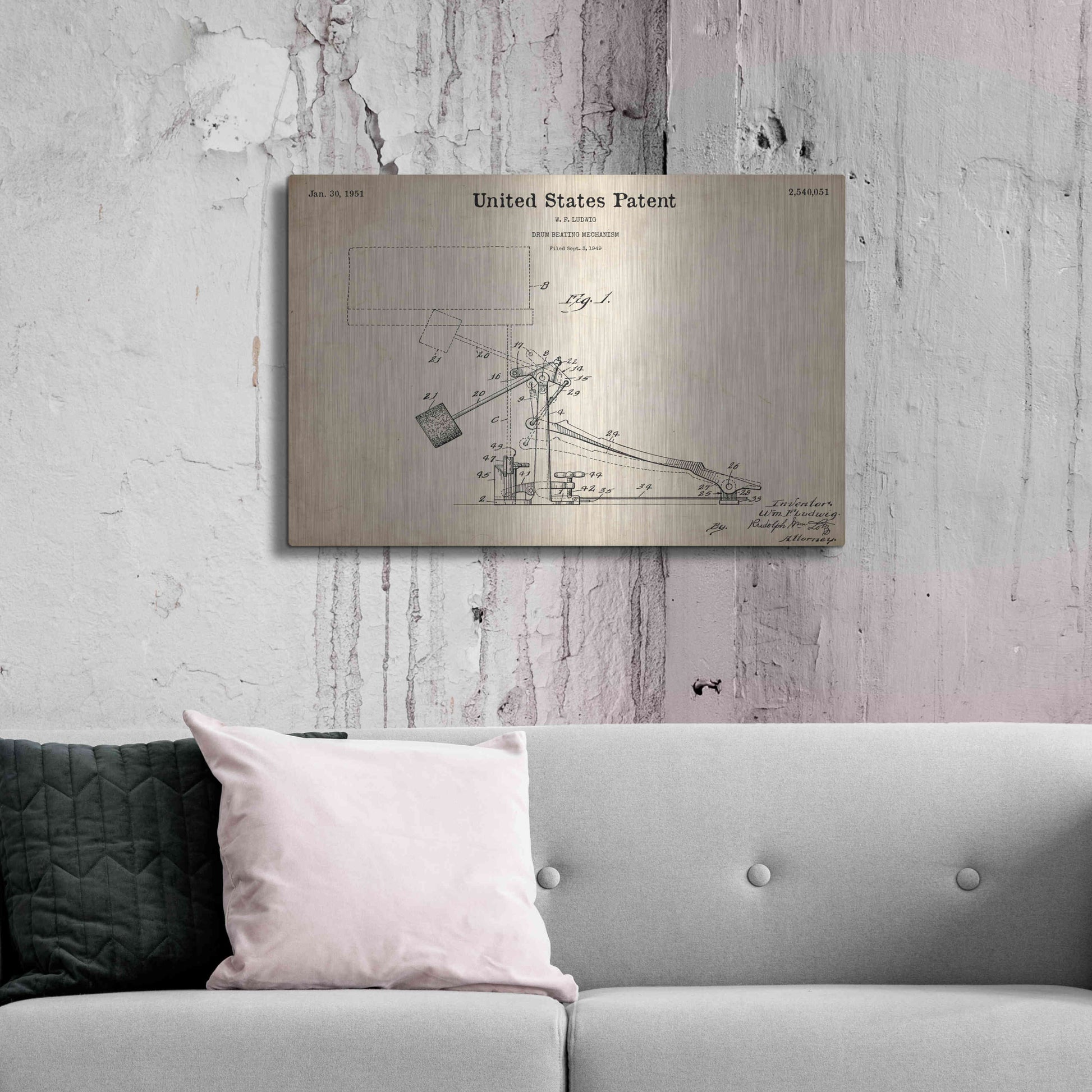 Luxe Metal Art 'Drum Beating Mechanism Blueprint Patent Parchment,' Metal Wall Art,36x24