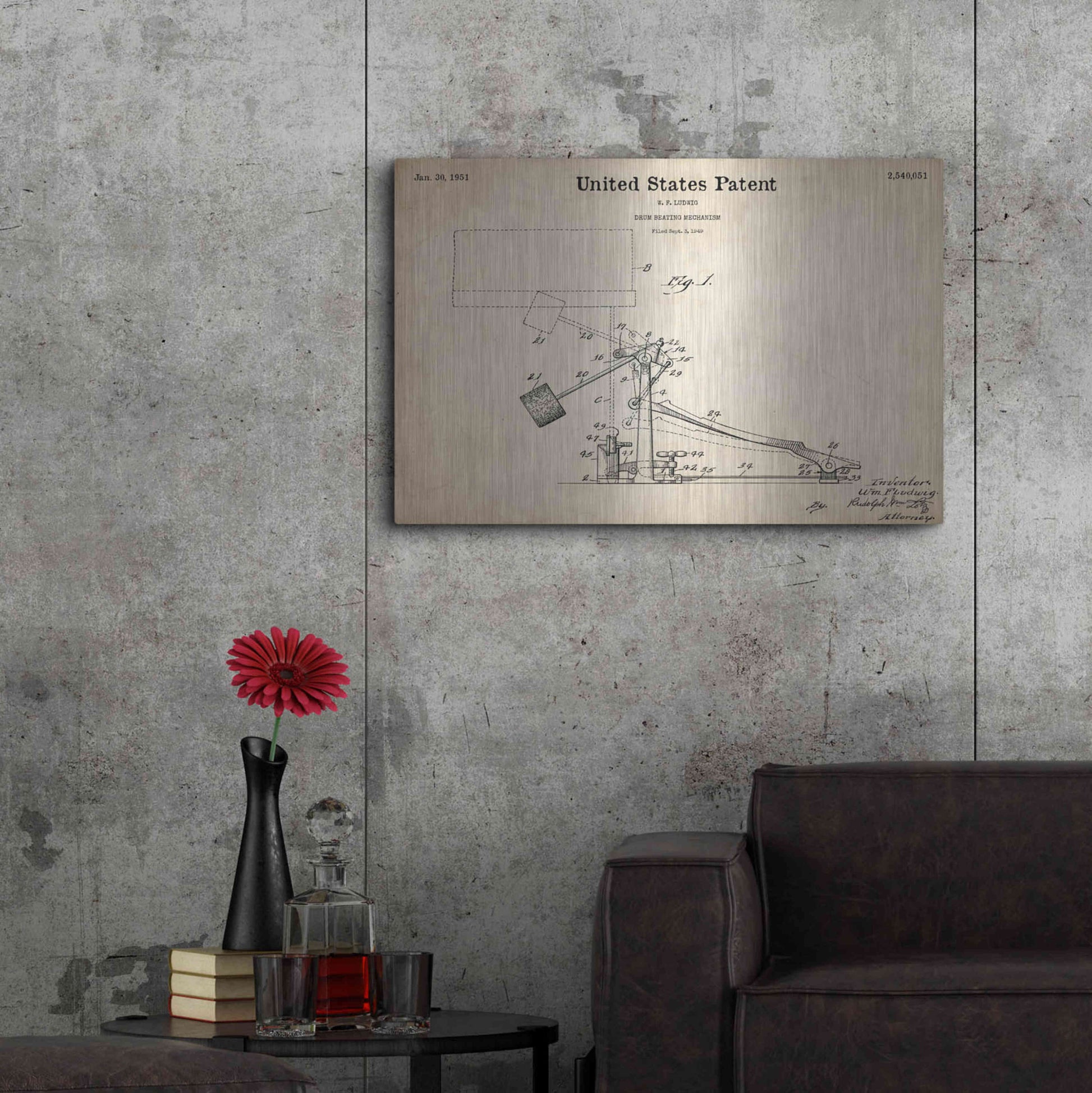 Luxe Metal Art 'Drum Beating Mechanism Blueprint Patent Parchment,' Metal Wall Art,36x24