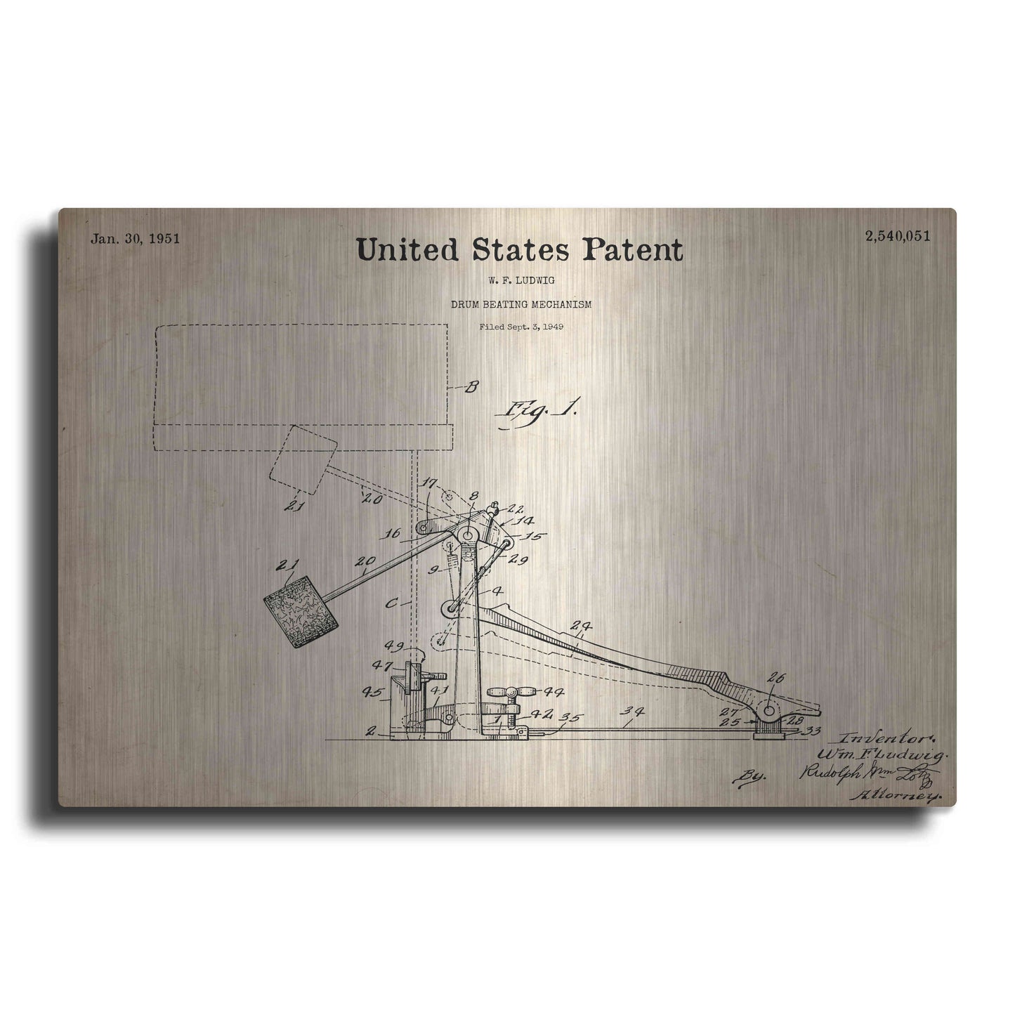 Luxe Metal Art 'Drum Beating Mechanism Blueprint Patent Parchment,' Metal Wall Art