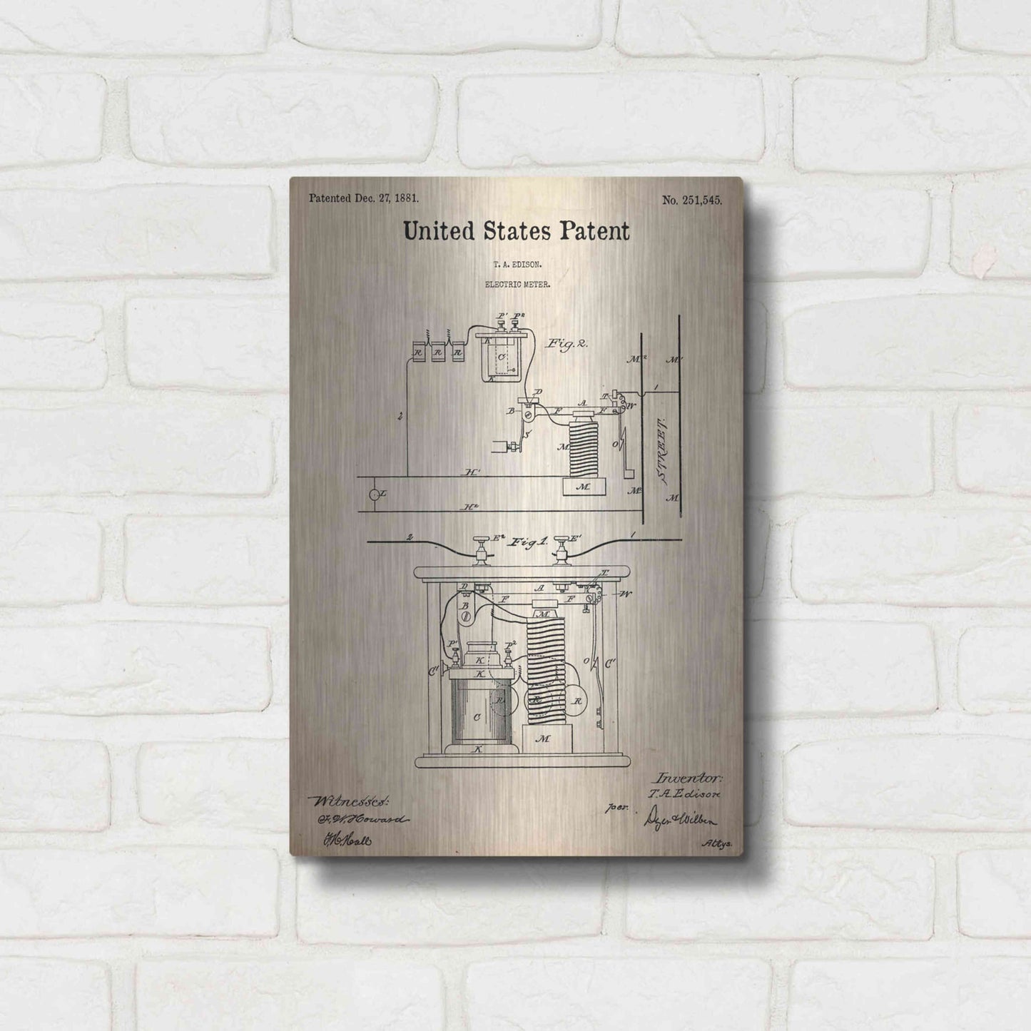 Luxe Metal Art 'Edison Electric Meter Blueprint Patent Parchment,' Metal Wall Art,12x16